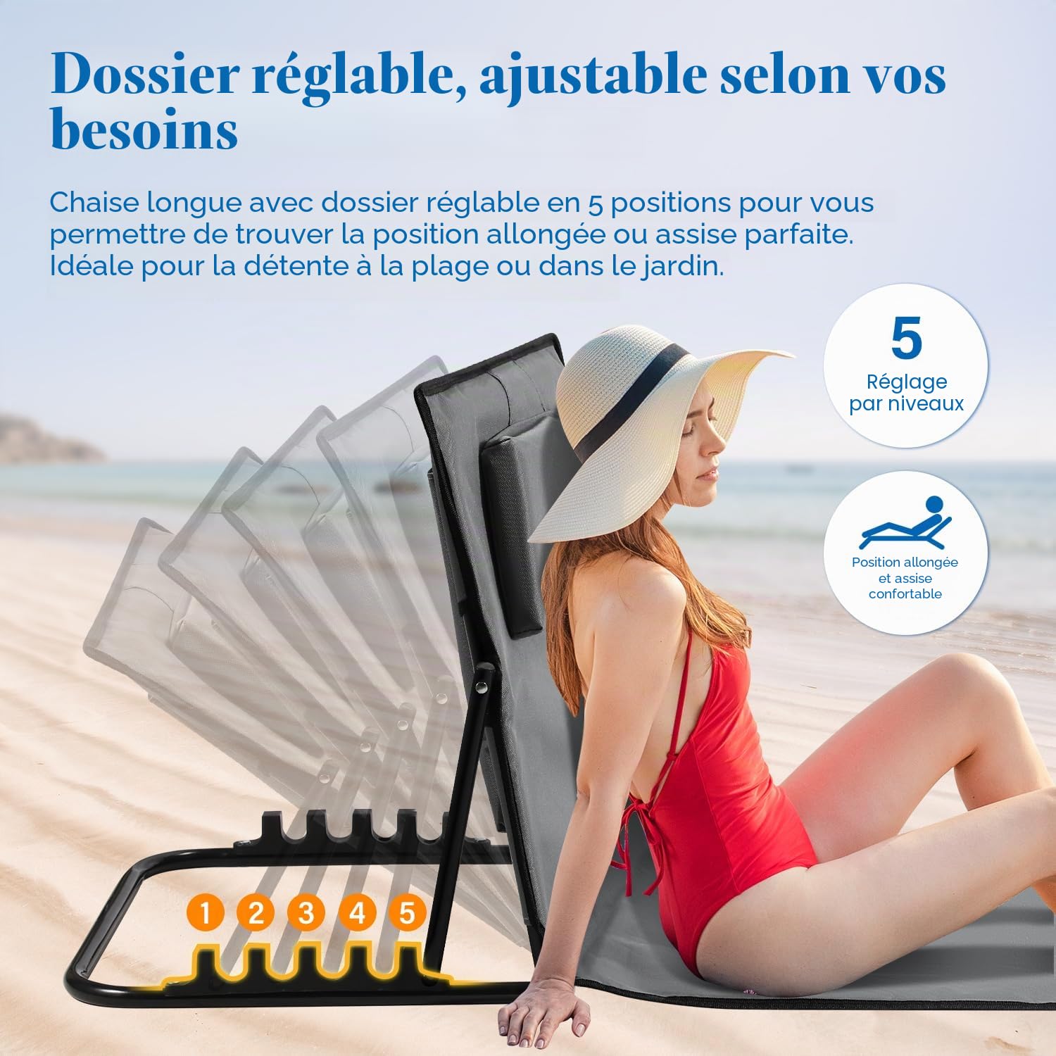 Ikodm Tapis de plage pliable, tapis de plage rembourré, chaise longue de plage avec sac à main, compartiments de rangement, coussin intégré avec réglage à 5 vitesses, tissu résistant à l'usure (158 cm