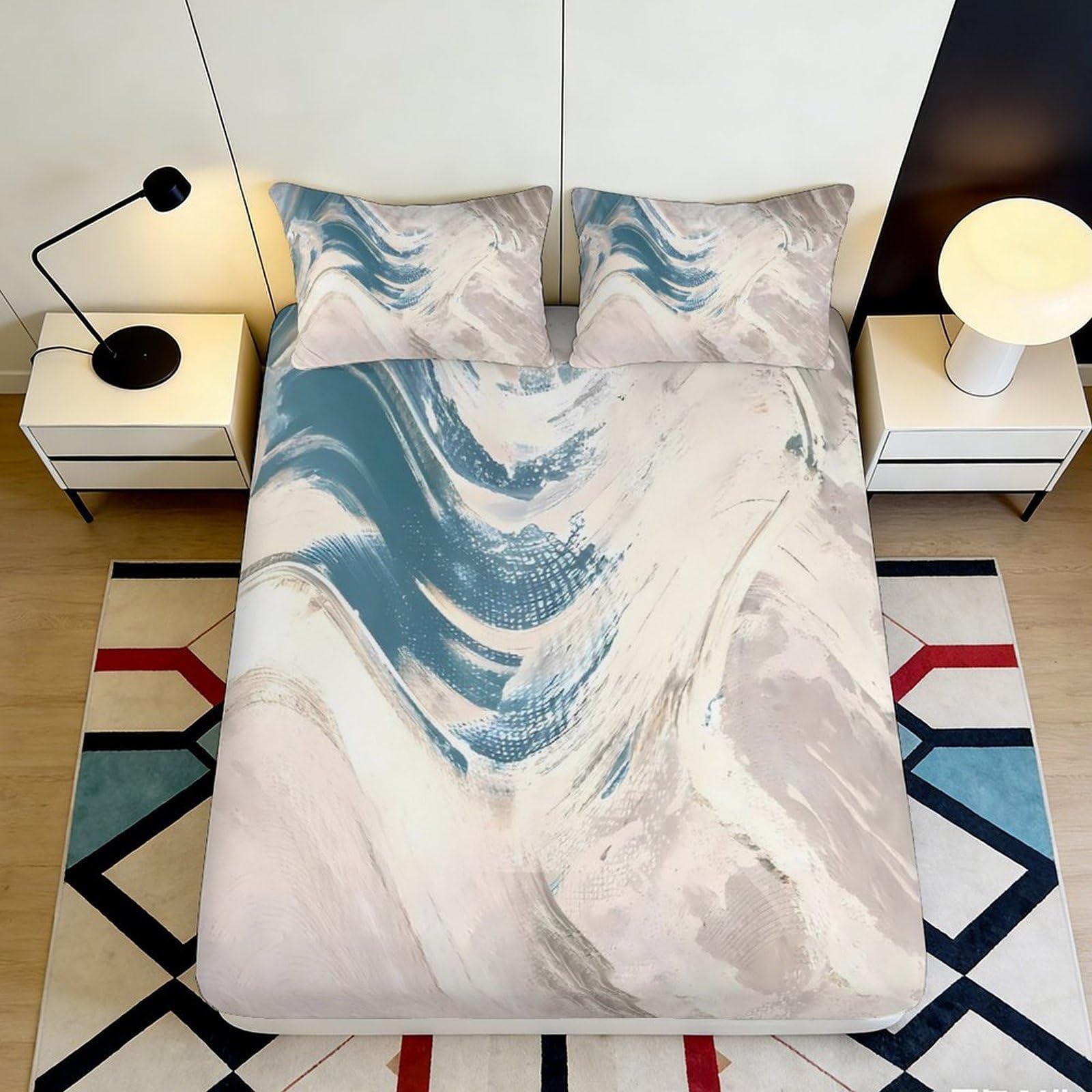 3D Printed Abstract Blue Swirl Fitted Sheet Microfiber Soft Slip-Resistant Beige Wave Mattress Cover for Bedroom Dorm Use 120x200x25cm