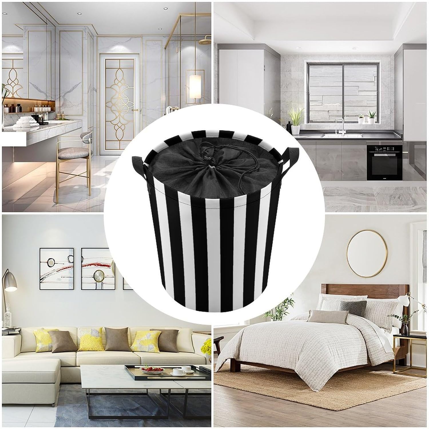 Black And White Cool Stripe Laundry Basket Dirty Clothes Hamper Storage Laundry Bag with Handles for Dorm Room 44x44cm