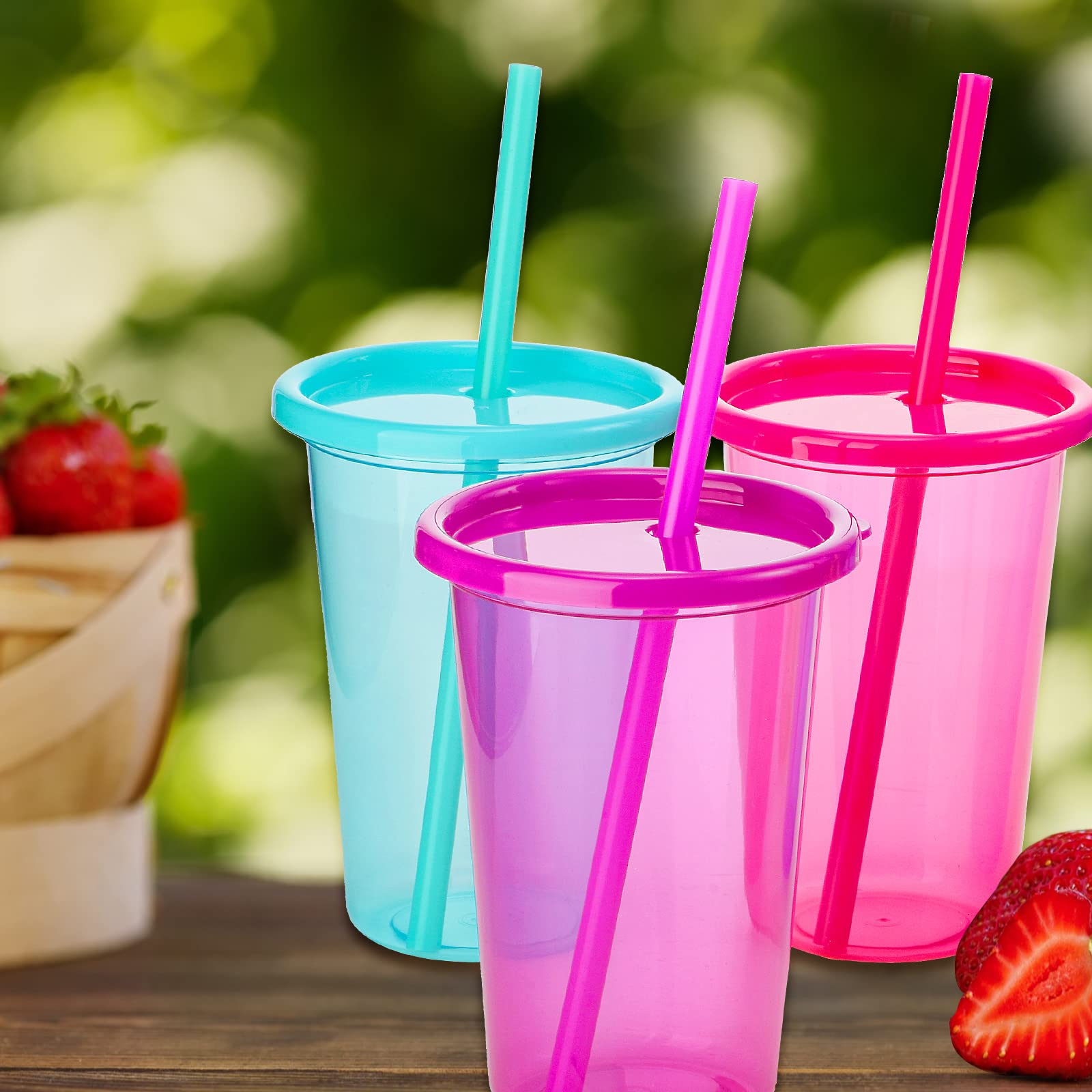 Großbecher mit Deckel und Strohhalm, 400 ml, Kunststoffbecher, wiederverwendbar, Eiskaffeebecher, Trinkbecher-Set, Wasserflasche, wasserdichte Buchstaben-Aufkleber für Party (bunt, 12 Stück)