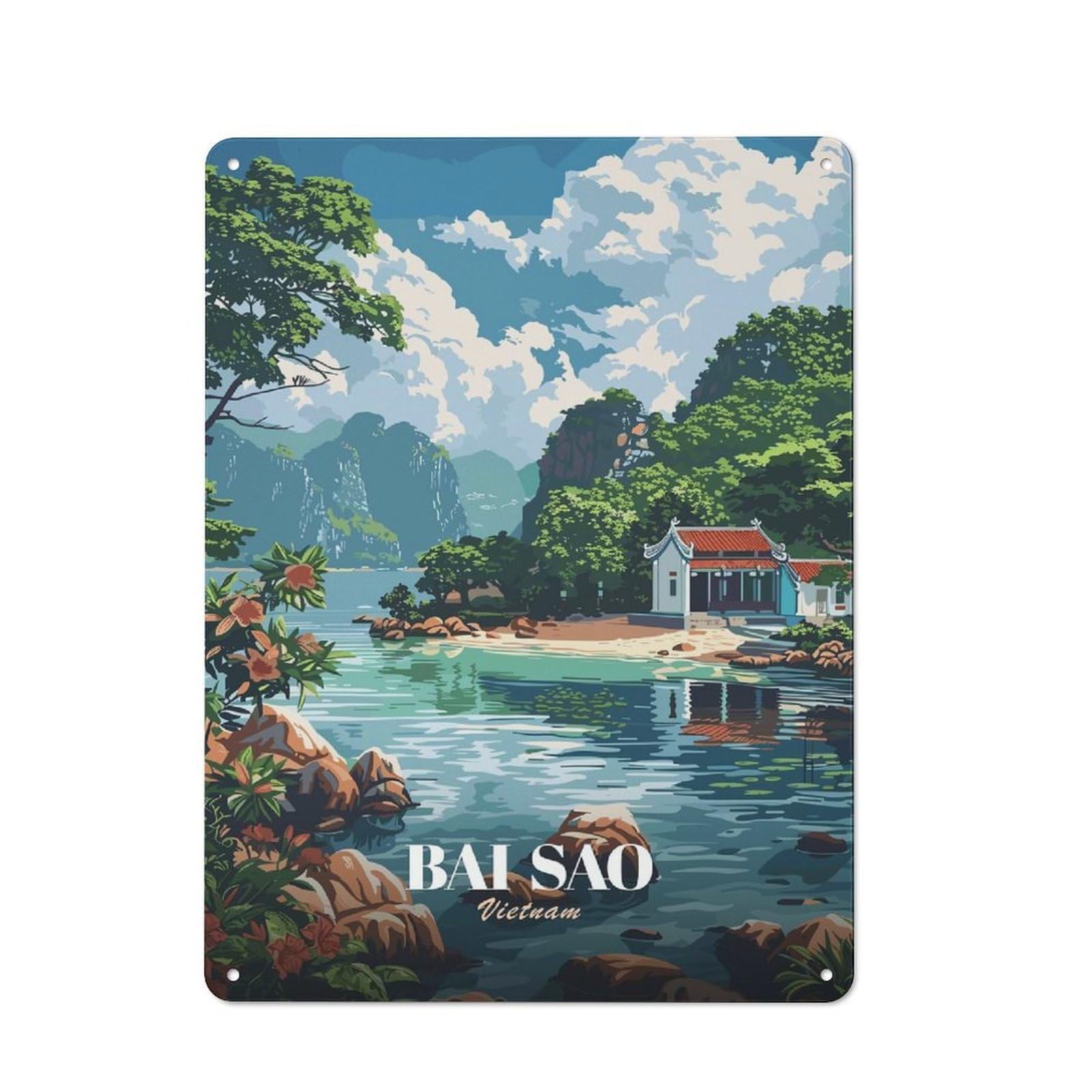 Junmoney Style-17 Shed Metal Sign With Bai Sao, Vietnam - Coastal Landscape Art Design 40X30cm, Vintage Porch Wall Decor For Patio Bar, Workshop, Shed Or Kitchen