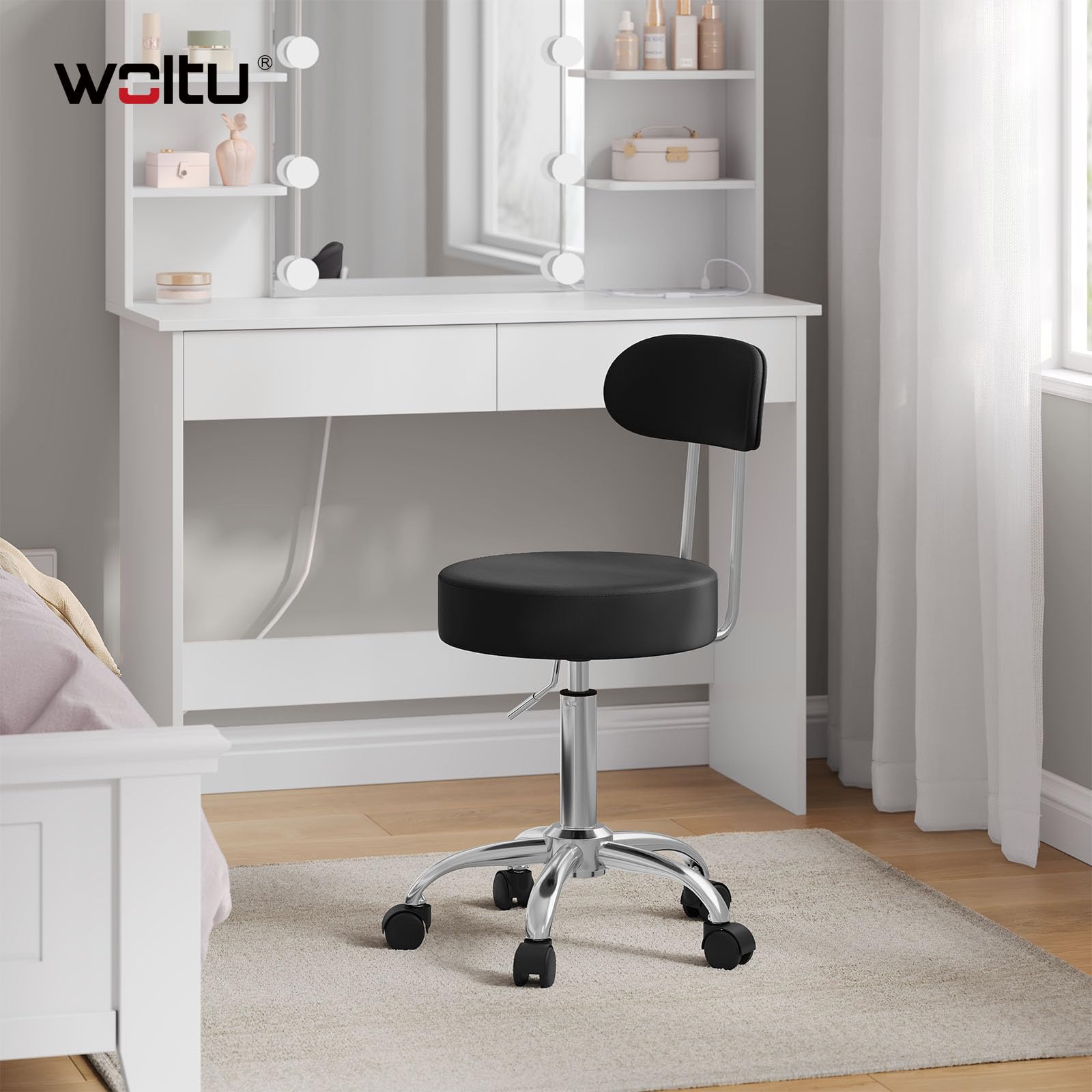 WOLTU Tabouret de Bureau Tabouret à roulettes avec Dossier,Chaise pivotante Chaise de Bureau Hauteur réglable,Noir
