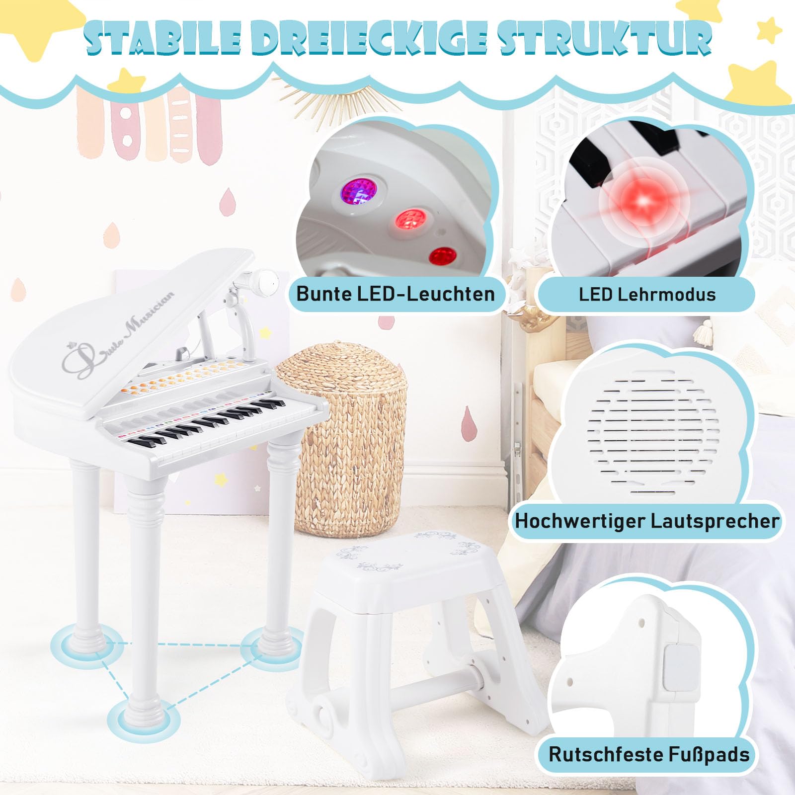 COSTWAY 31 Tasten Kinder Keyboard mit Hocker, Elektronische Klaviertastatur mit Mikrofon, LED-Lehrmodus, tragbares Spielzeugklavier Musikinstrument für Kinder ab 3 Jahren (Weiß)