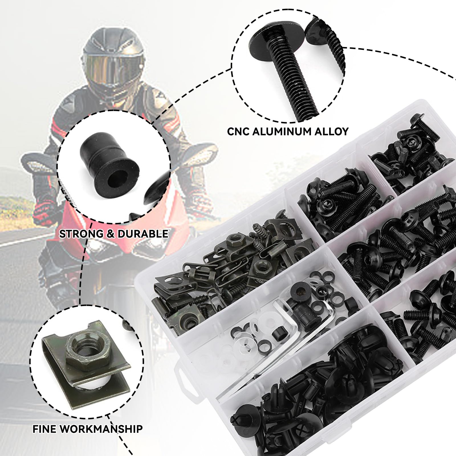 Kit 198 Pezzi Viti e Bulloni per Carenatura Moto - Set M6 M5 Universale - Elementi di Fissaggio e Accessori (Nero)