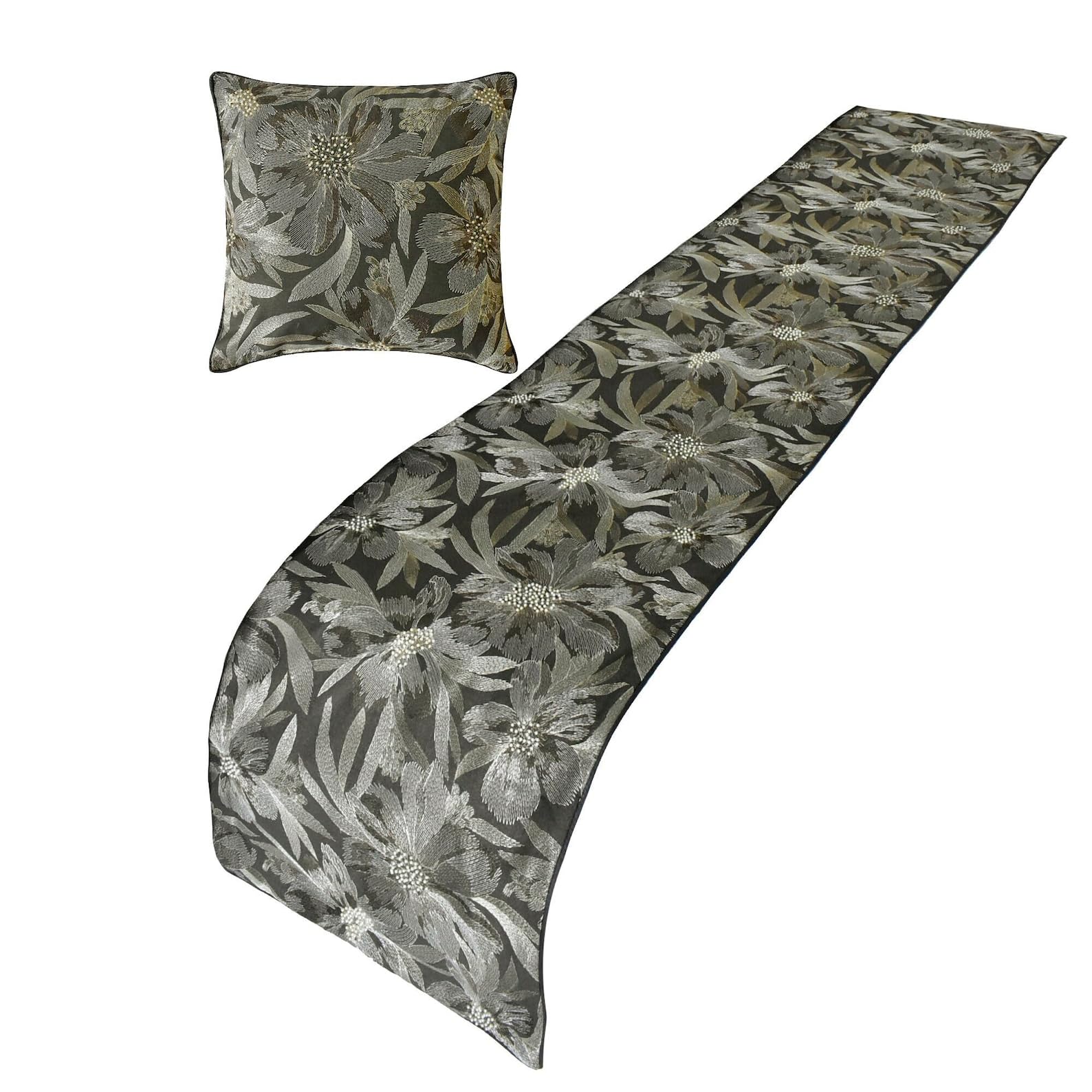 The HomeCentric King/Queen/Twin Grey Decorative Bed Runner Queen 185x45 cm Bed Runner With One Cushion Cover, Embroidery, Floral, Pearl Bed Scarf on Jacquard fabric - Liana
