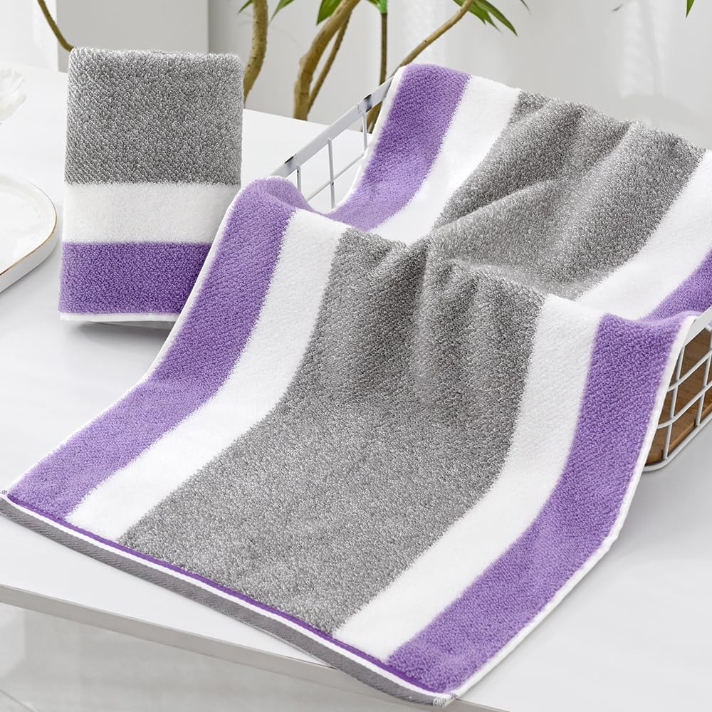YiLUOMO Purple Striped Pattern Hand Towels Set of 2 Super Soft Highly Absorbent 100% Cotton Decorative Bathroom Hand Towel for Home, Kitchen, Guest 13 x 29 Inch - Image 2