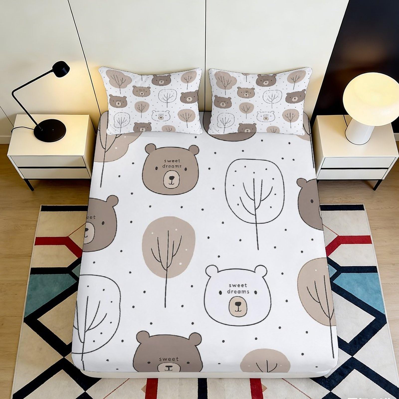 3D Printed Cartoon Bear Fitted Sheet Microfiber Soft Breathable Tree Pattern Mattress Cover for Bedroom Guest Room Decor 90x200x25cm