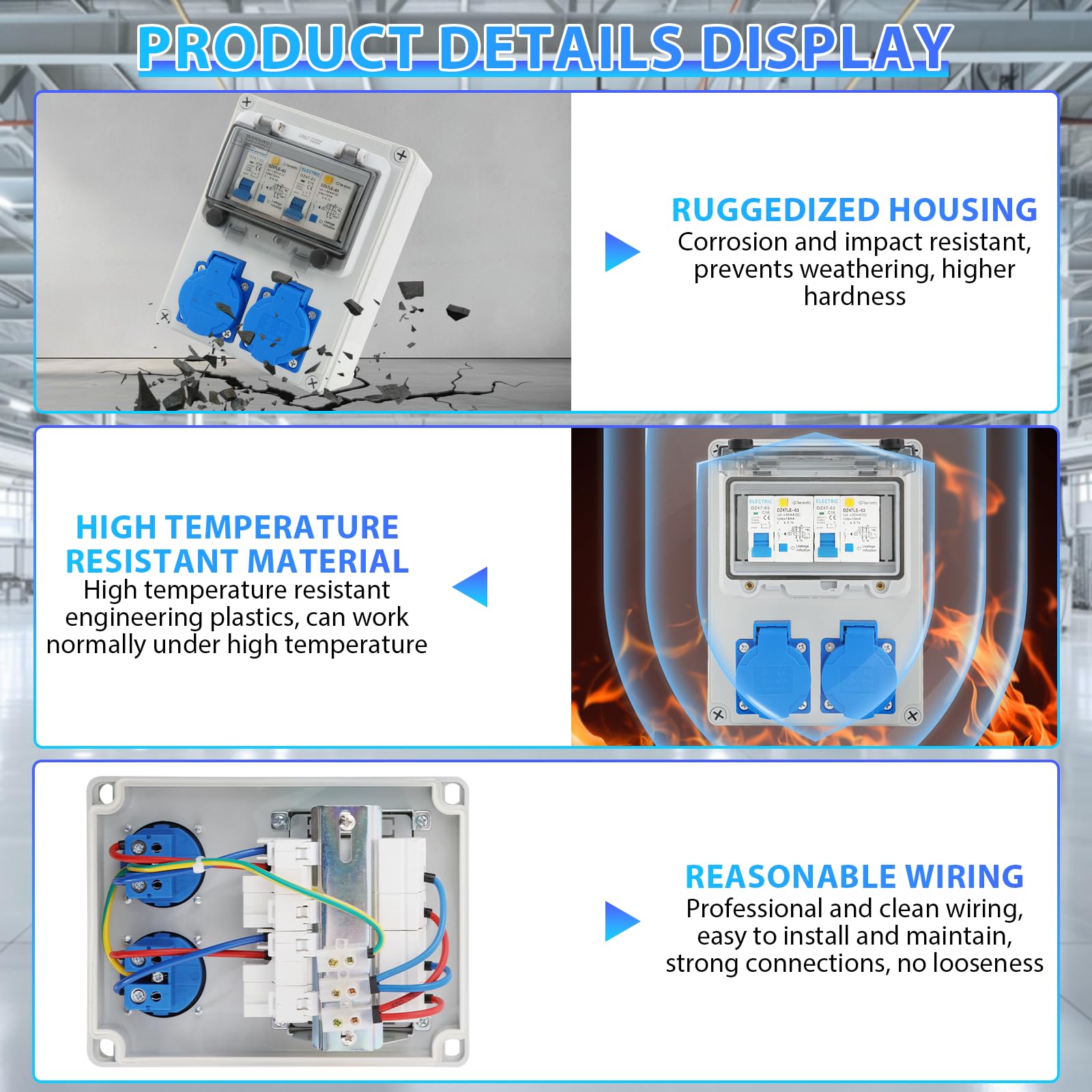 Distribuidor de Corriente 16A para Construcción, con Interruptor FI, IP67 Estanco, con 2 tomas de 230V, para Uso en Interiores y Exteriores, Talleres y Fábricas