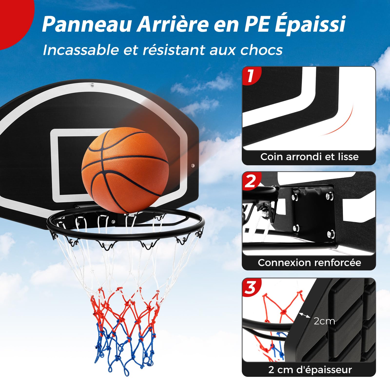 COSTWAY Panier de Basket Mural 43 cm avec Panneau Incassable, Panier Basket-Ball avec Filet Toutes Saisons Accessoires Complets, pour Enfants Adolescents Adultes, 72 x 45,5 cm, Noir+Blanc