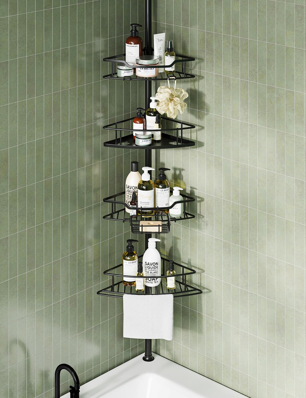 USHOWER Corner Shower Caddy Tension Pole 4-Tier Rustproof Shower Shelves for Bathtub Shampoo Storage 51-121 Inch Adjustable Shower