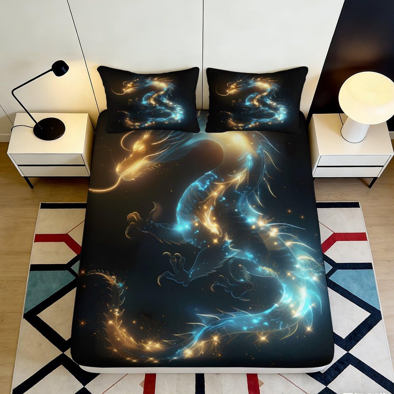 3D Printed Blue and Gold Dragon Fitted Sheet Microfiber Soft Breathable Cosmic Nebula Bed Cover for Bedroom Dormitory Guest Room Mattress Protection 120x200x25cm