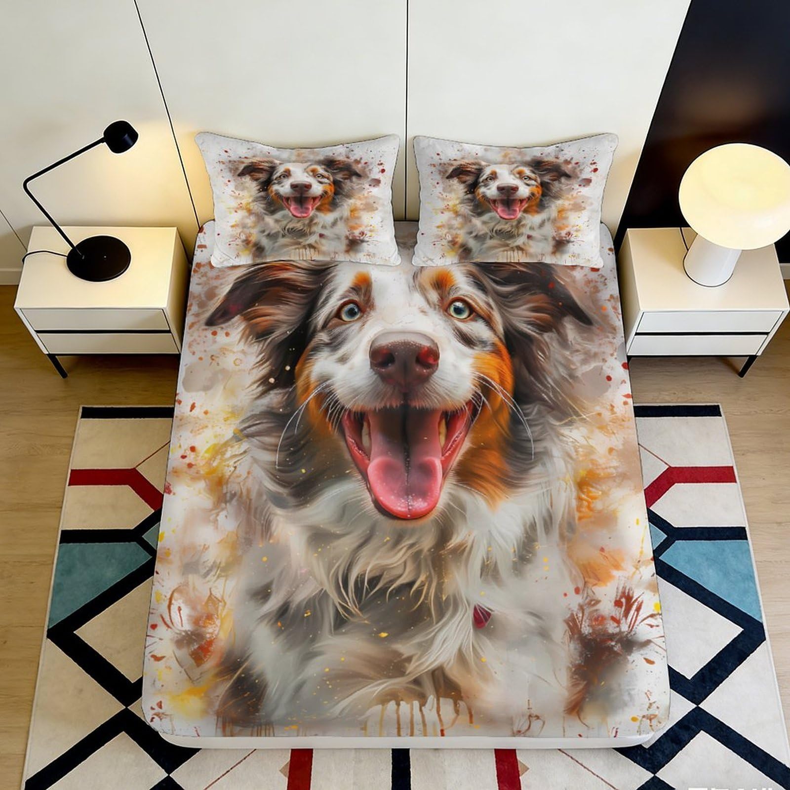 3D Printed Happy Dog Fitted Sheet Microfiber Soft Breathable Smiling Pet Mattress Cover for Bedroom Dormitory Guest Room Mattress Protection Decor 140x200x25cm