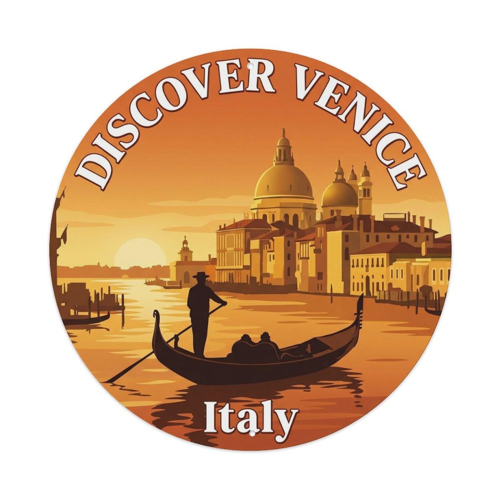 Venice Gondola Ride Vintage Canal Lagoon Italian Heritage Metal Tin Sign Plaque Wall Decor for Cafe, Man Cave, Club Bar, Office, Home Garden Round Metal Poster 8x8Inch