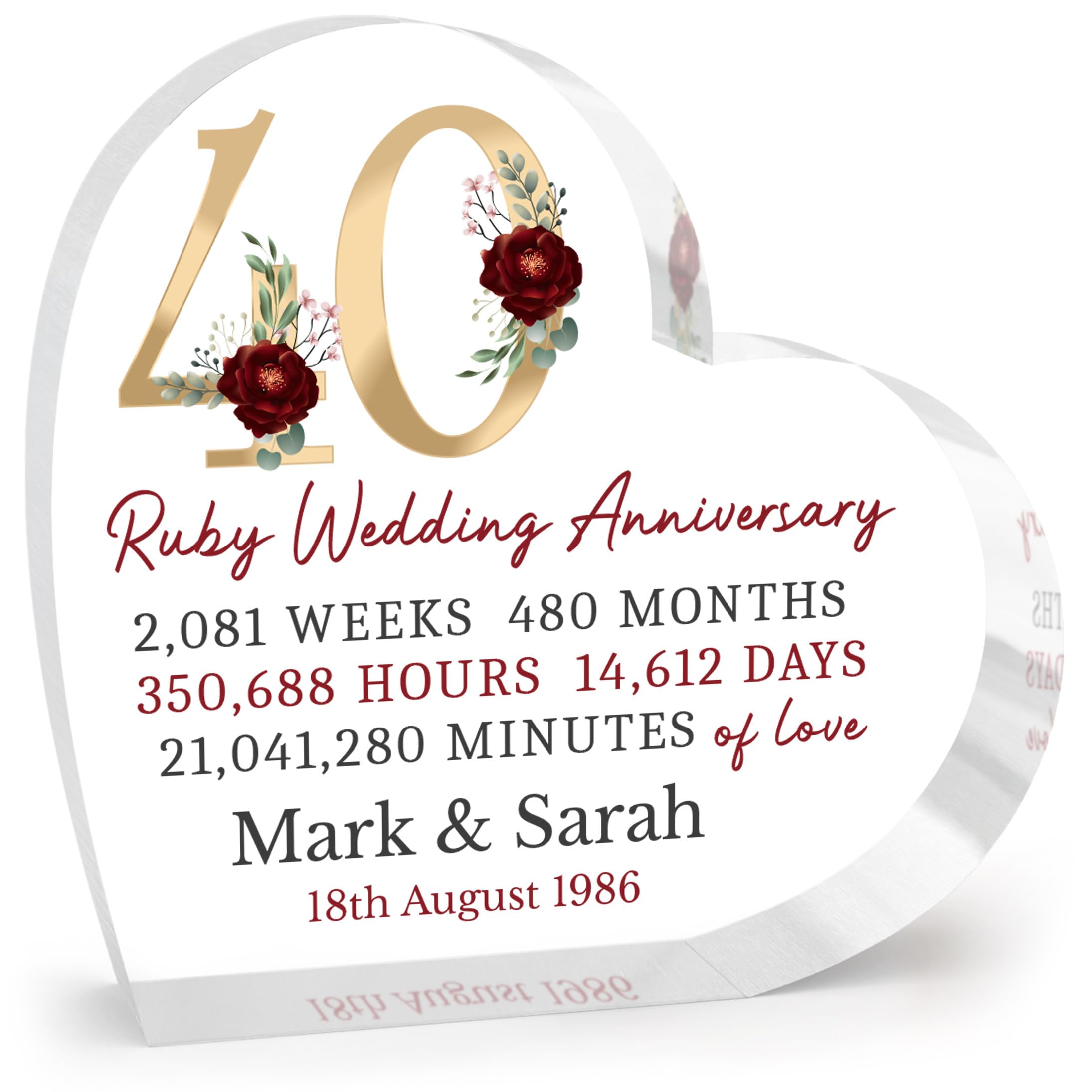 Beecreative Ruby Wedding Anniversary Clear Heart Plaque - 40th Anniversary Keepsake Personalised Present - With Grey Bag