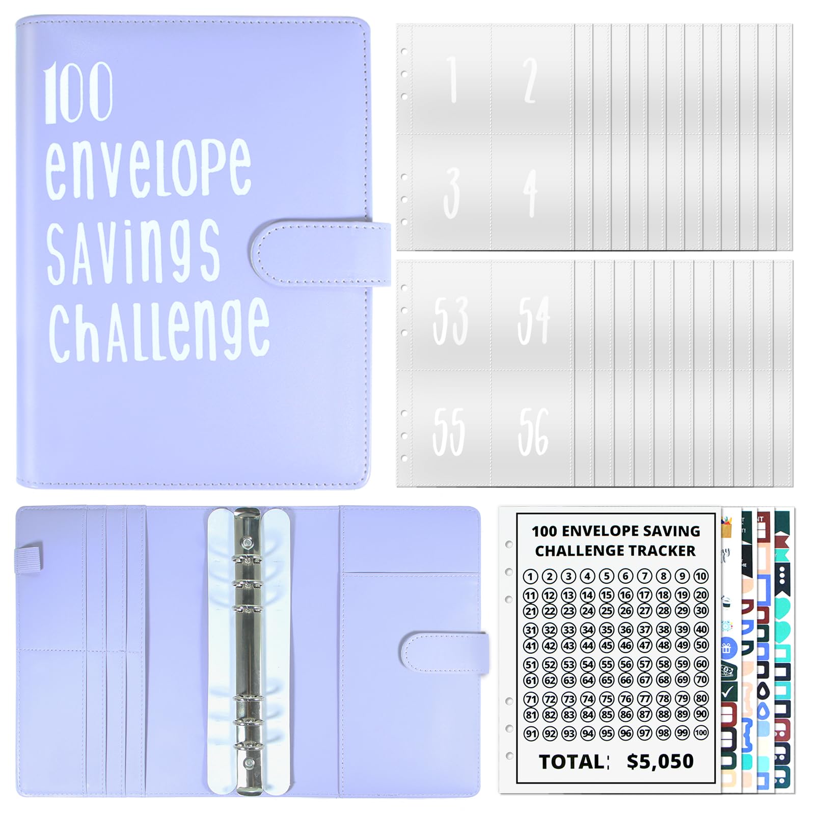 100 Envelope Challenge Binder Budget Planner Kit A5 Salvadanaio Sfida Risparmia denaro con scomparti per banconote e adesivi