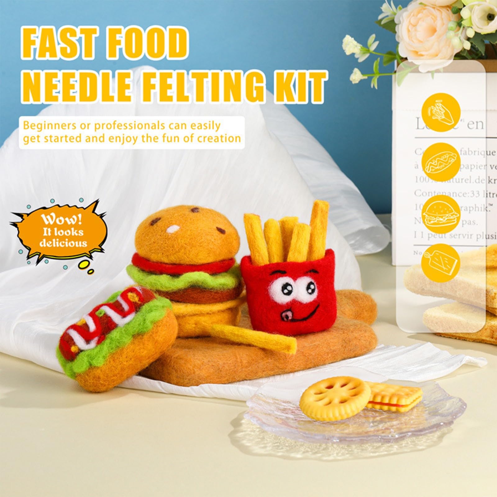 Juego de Lana de Fieltro, paquete de 3 herramientas de fieltro de lana de comida rápida, kit de inicio de fieltro con aguja que incluye herramientas básicas de fieltro con aguja, instrucciones