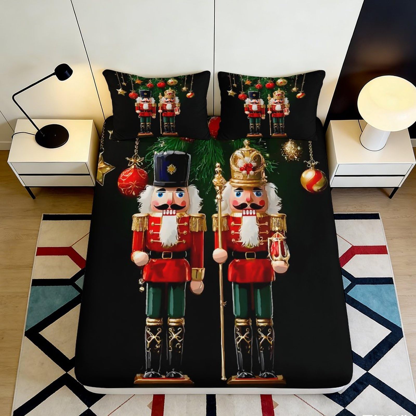 3D Printed Nutcracker Christmas Fitted Sheet Microfiber Soft Non-slip Red Green Bed Cover for Bedroom Guest Room 120x200x25cm