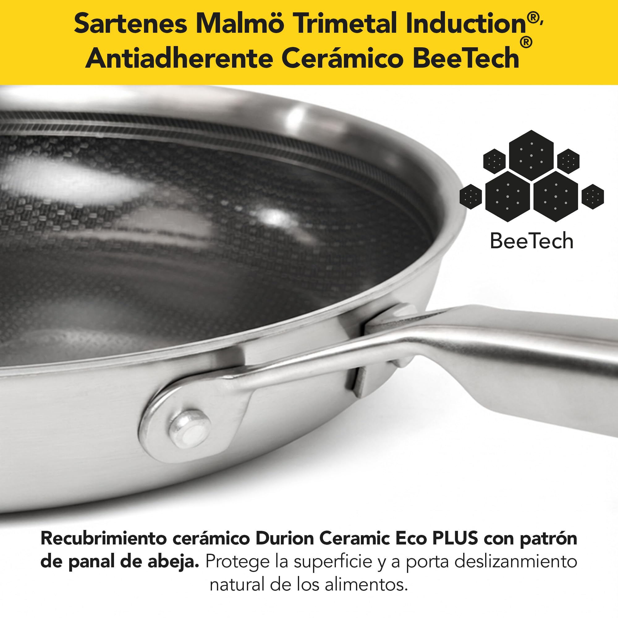 Castey - Sartén de Inducción Malmö Trimetal BeeTech, Modelo MBE-S22, Tamaño 22 cm, Acero Inoxidable 18/10 y Mango Ergonómico, Revestimiento Cerámico BeeTech Sin PFAS, para Todas las Cocinas