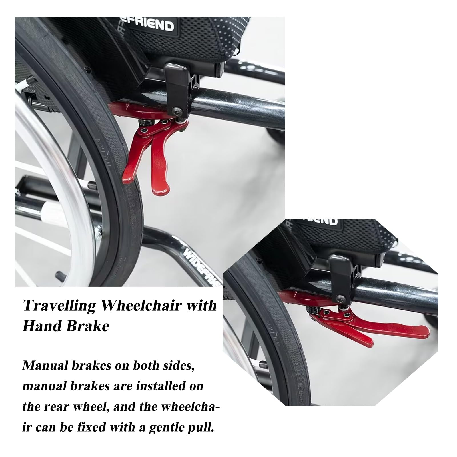 Składany wózek samonastawny, samobieżny ręczny wózek inwalidzki, aluminium, lekki, wózek sportowy, kieszeń do przechowywania (42 cm/16,5 cala)