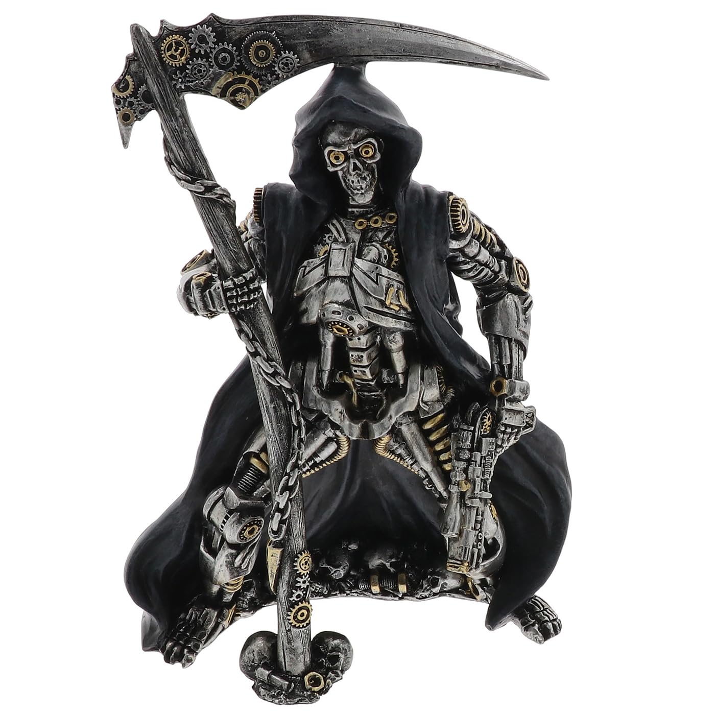 Gentleman Joe Steampunk Skeleton Reaper Figurine, Painted Resin, Industrial Mechanical Design, 22.5 x 16 cm, Bronze and Silver