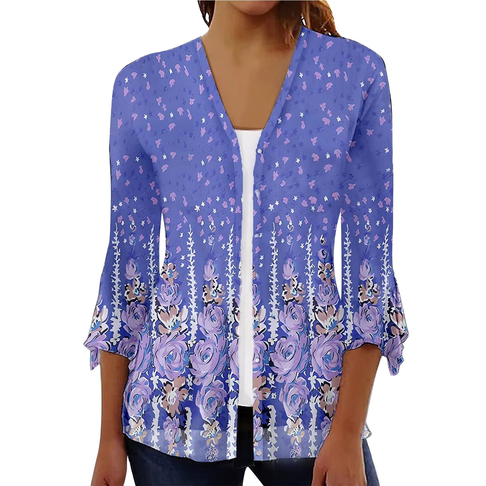 Topassion3/4 Sleeve Cardigans for Women UK Summer Casual Tops Ruffles Sleeve Plus Size Breathable Cardigans Mid Length Swing T-Shirts Summer Ladies Beach Blouse Floral Printed Holiday Plus Size Tops