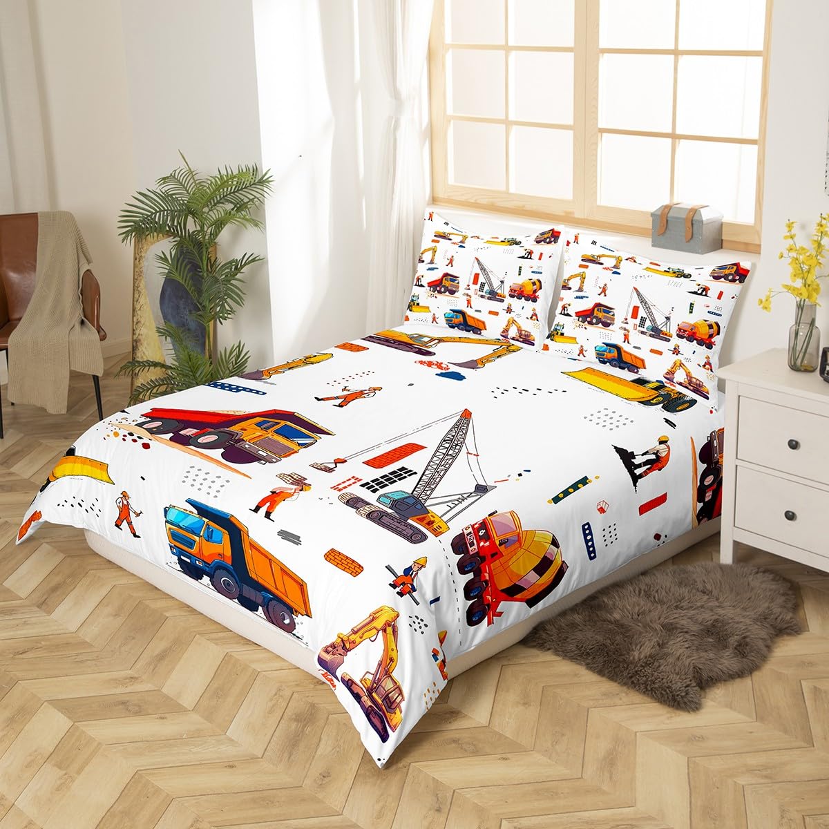 Manfei Construction Kids Duvet Cover Set Toddler Size, Excavator Crane Truck Bedding Set for Boys Girls Room Decor, Cartoon Car Comforter Cover, Soft Polyester Quilt Cover, 1 Pillowcase, No Comforter
