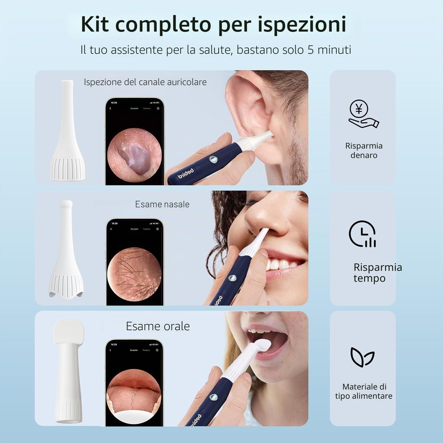 Collazoey Otoscopio Digitale, 1920P HD Impermeabile Rimozione di Cerume Kit, Otoscopio Flessibile Senza Fili, Pulizia Orecchie con Pinzette,Spatola,Cucchiaio,Punte Sostituibili per Adulti Bambini