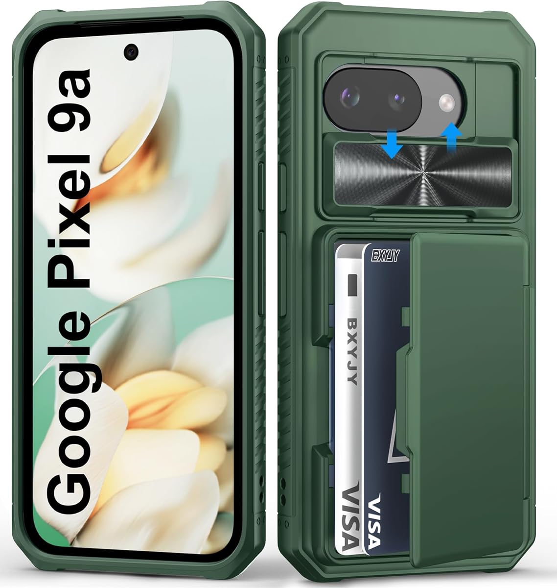 for Google Pixel 9a Case Wallet with Card Holder (4-5 Cards), Slide Camera Cover, Military Grade Drop, RFID Block, Heavy Duty Women Girly Men Protective Phone Case for Google Pixel 9a, Green