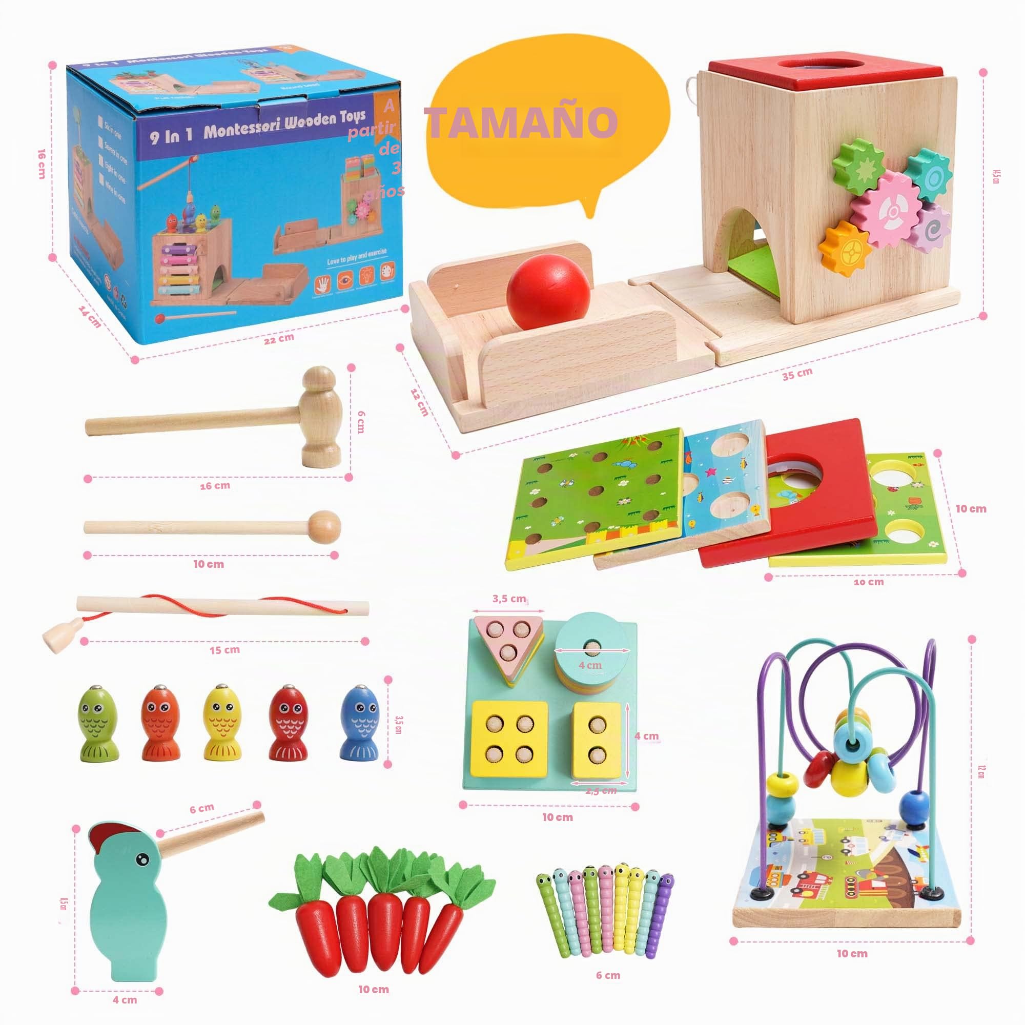 Cubo de Habilidades Motoras de Madera,9 en 1 Cubo de Actividades ,Juguetes Madera Bebe Con Recoger Zanahorias, Juego de Pelota,Pescar,Clasificar y Apilar Juguetes,Juguete Montessori 2 3 4 5 años