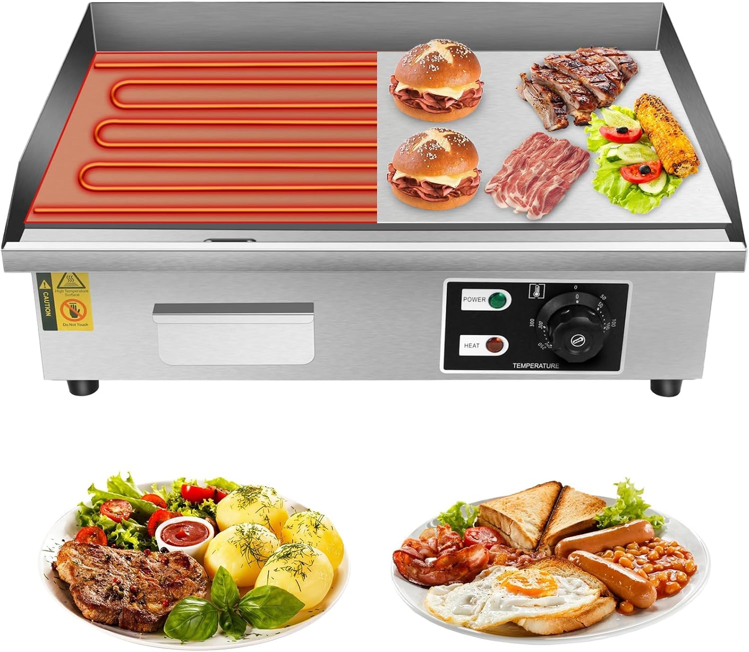 Commercial Electric Griddle, 22" 110V Teppanyaki Flat Top Grill, 3000W Countertop Griddle with Iron Non-Stick Cooking Plate, 0-572℉ Adjustable Temp Control Teppanyaki Grill