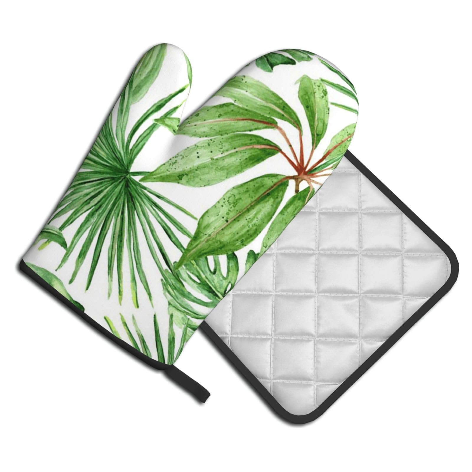 Oven Mitts and Pot Holders Set of 2 Pcs, Tropical Palm Banana Leaves Printed Heat Resistant Kitchen Gloves Potholders for Cooking Baking Grilling