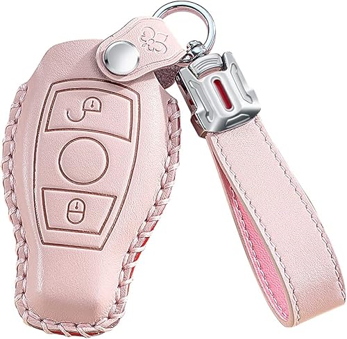 Miniatura 8 de ontto 3 botones para llavero de automóvil de cuero para Mercedes-Benz Clase A C E S G M V Class CLA CLS GLA GLC GLE GLK GL GLS SL SLK SLC Viano Rosa