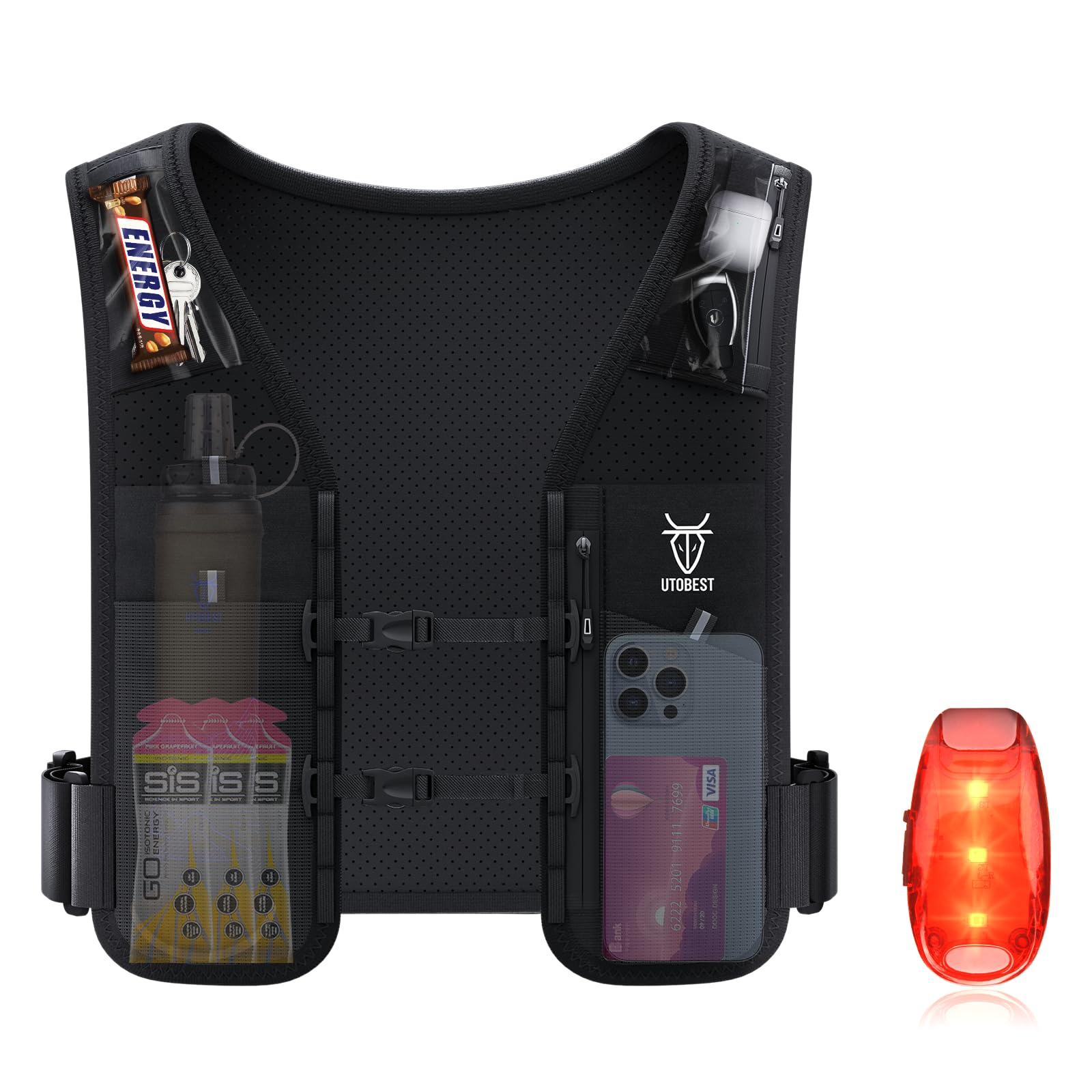 UTOBEST LED Running Vest 5L, Lightweight Reflective Hydration Vest with 7 Pockets for Men Women, Dual Adjustable Phone Holder Vest for Marathon, Trail Running, and Night Runs, S