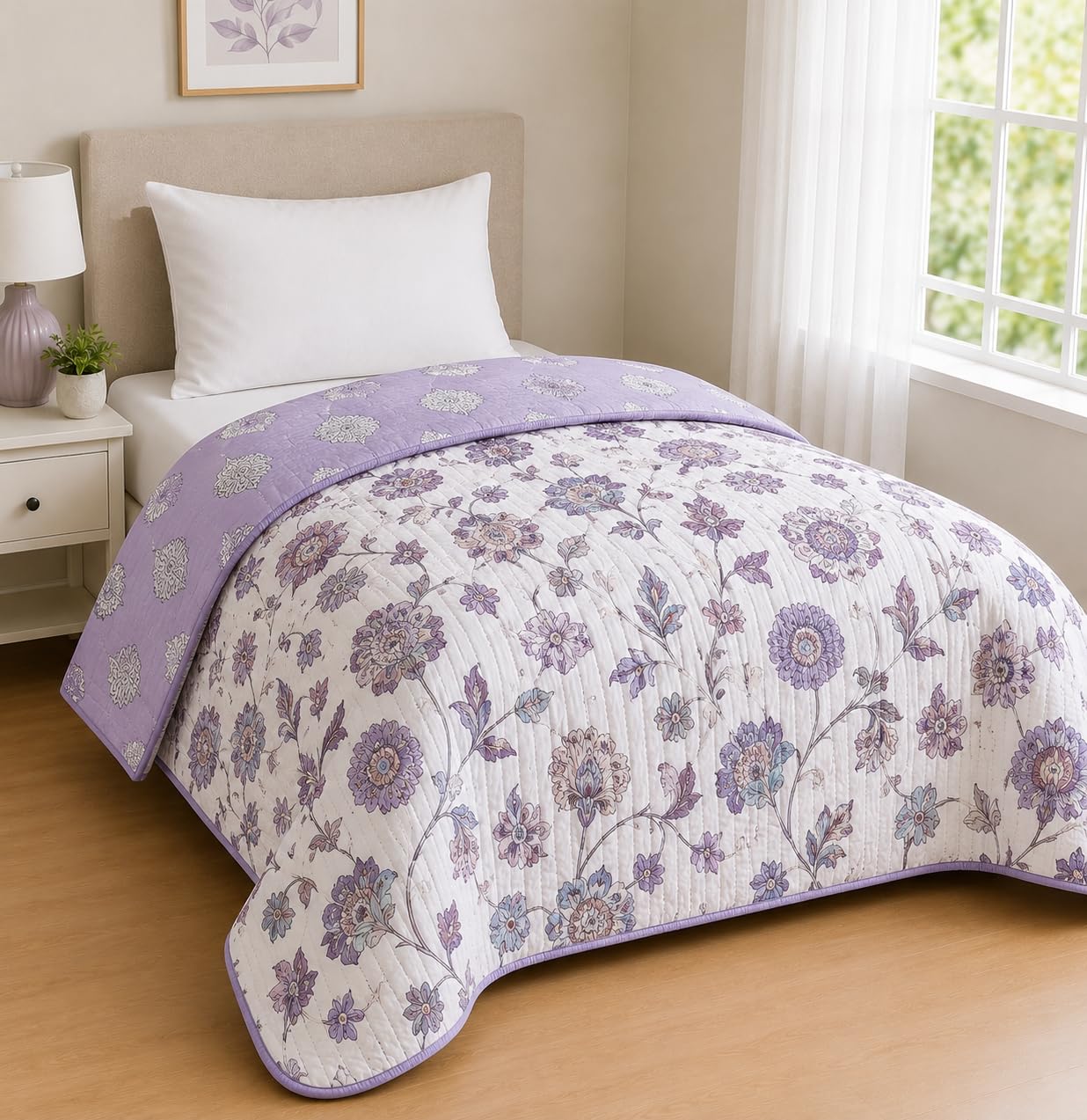 Amazon Brand - Umi Cotton Comforter Single Bed 57 x 87 Inches | Reversible Cotton Razai | Soft Breathable Quilt for AC Rooms | Floral Printed Lightweight Blanket | Premium Bedding | Machine Washable-image-24