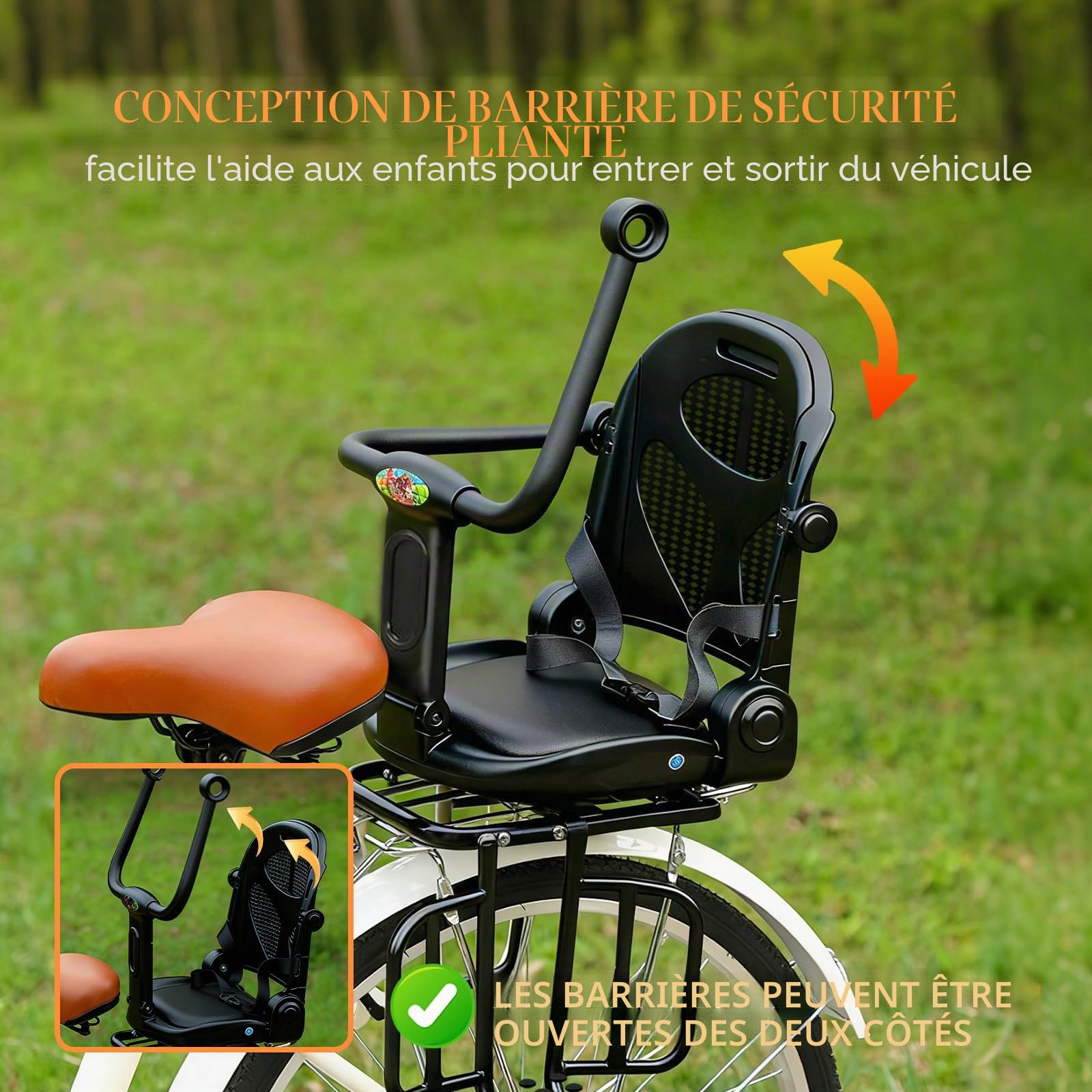 auvstar Siege Velo Enfant Arriere avec Dossier, Barrières de Sécurité et Repose Pieds pour Enfants 5 Ans+