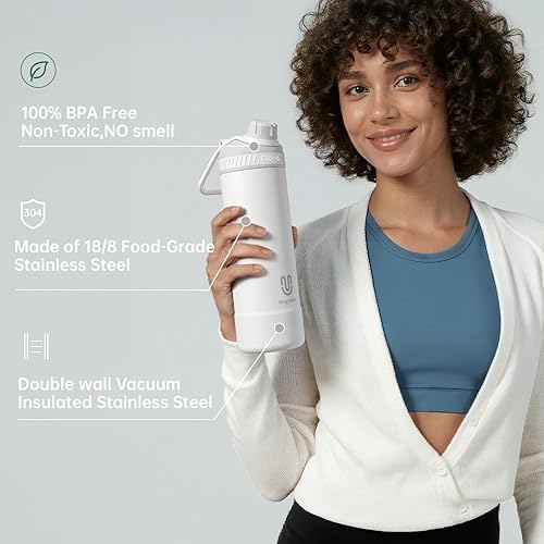 Miniatura 3 de Botella de agua aislada de 32 onzas con popote, acero inoxidable al vacío de doble pared, diseño de boca ancha, botella reutilizable a prueba de