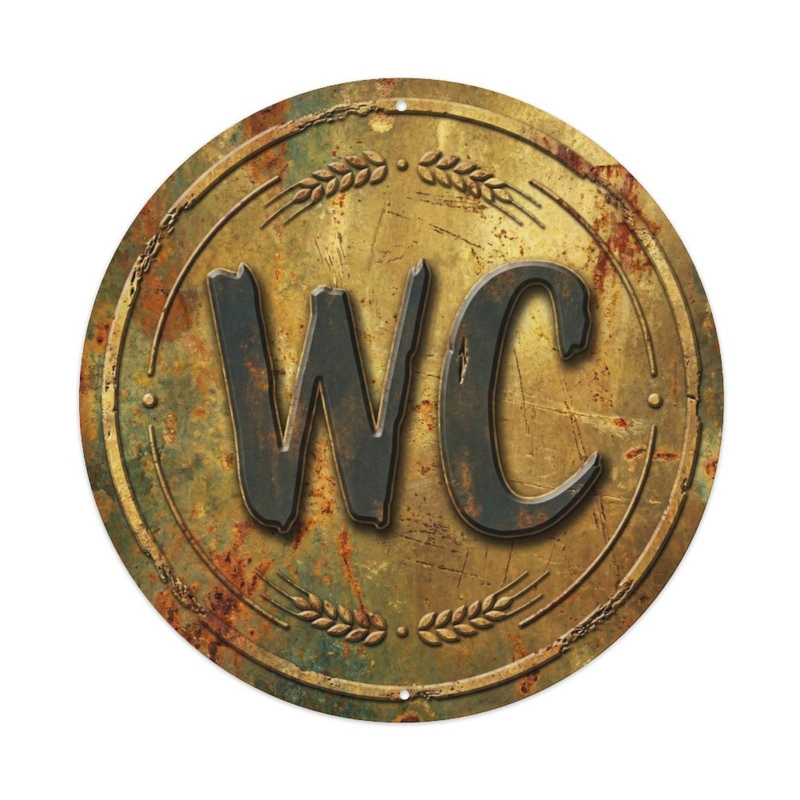 Fqcyn Style Toilet （Wc） Shabby Brass Restroom Shield Metal Tin Sign Plaque Wall Decor For Cafe, Club Bar, Office, Home Garden Round Metal Poster 8X8inch