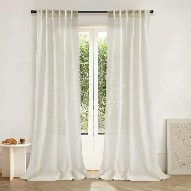 Semi Sheer Curtains 102 Inch Long - 2 Panels Faux Linen Drapes for Bedroom Living Room, Light Filtering, Privacy Protection, Rod Pocket & Back Tab, Each 52" W x 102" L-Natural