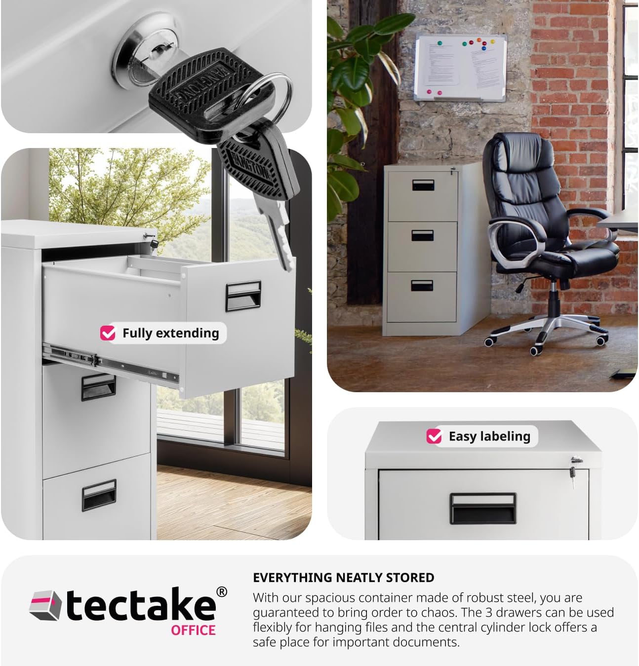 Filing cabinet drawer fully extended with easy labeling