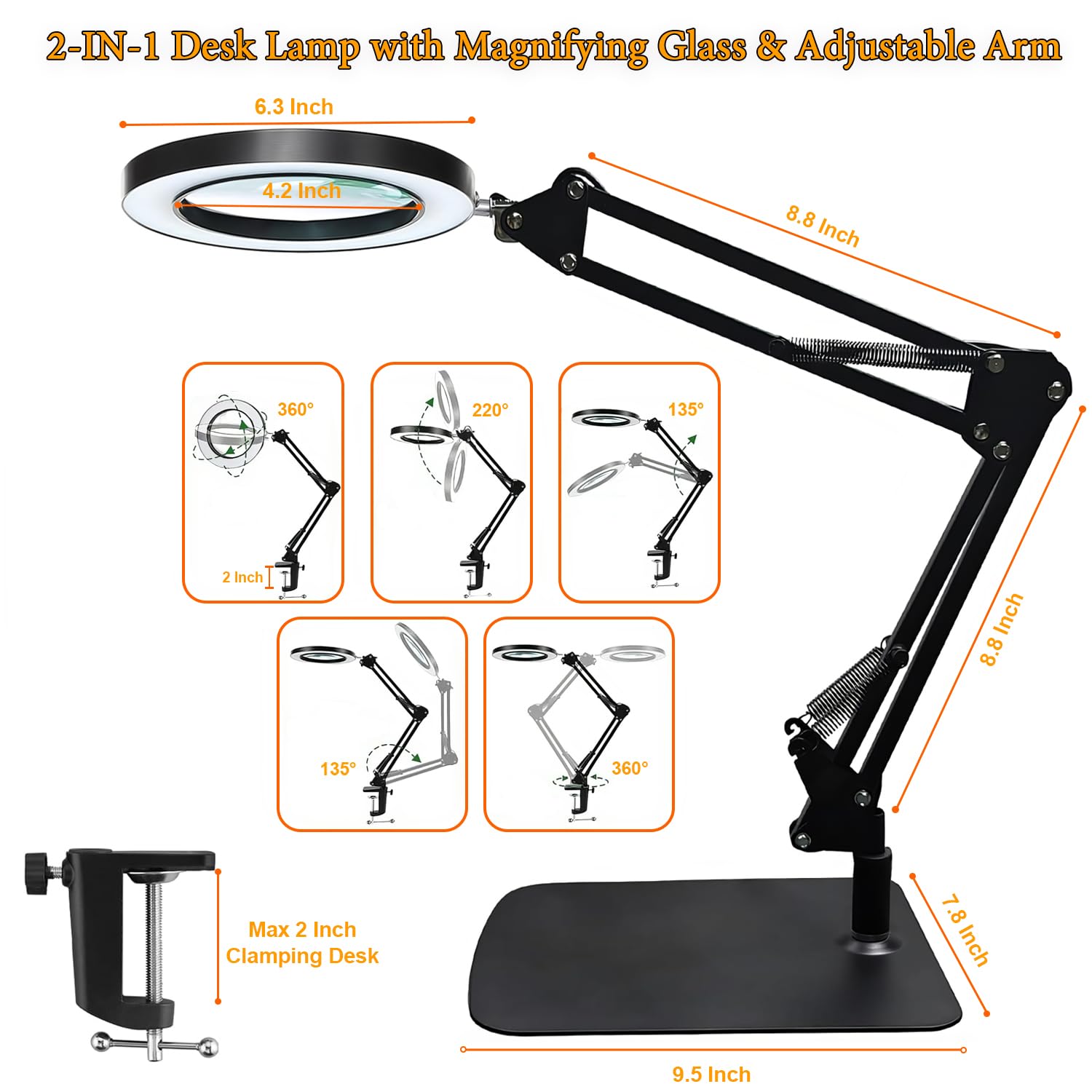 15-fache Lupe mit Licht – Echtglaslinse, 3 Farbmodi & einstellbare Helligkeit – 2-in-1-Schreibtischlampe mit Klemme und schwerem Sockel – flexibler Schwenkarm – ideal zum Basteln, Lesen, Reparieren