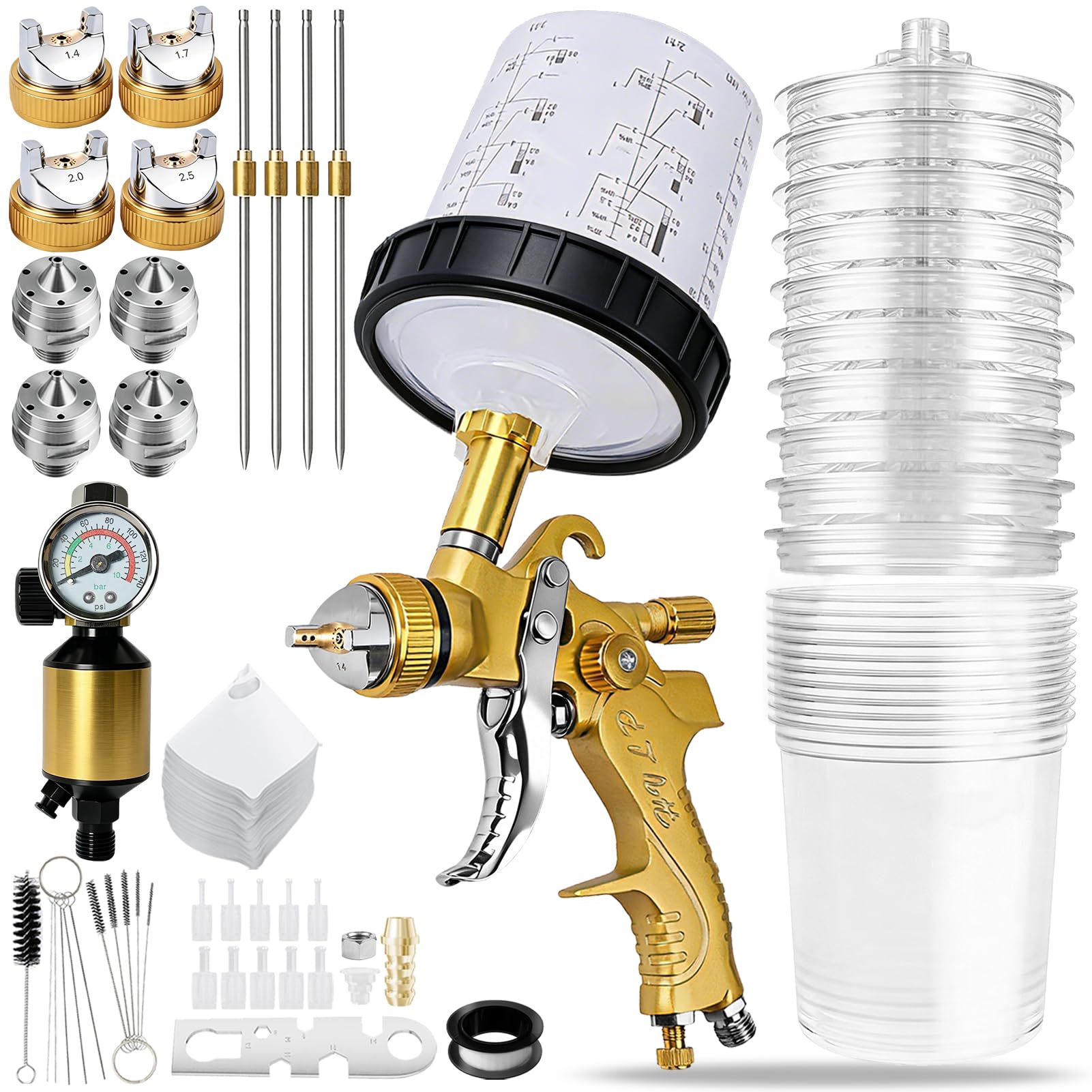 HVLP Lackierpistole Druckluft Kit mit Farbspritzpistole Zubehör | Farbspritzpistole mit 1,4/1,7/2,0/2,5mm Düsen, Luftdruckregler, 600ML Sprühpistolenbecher, für Möbel, Wände & Zäune