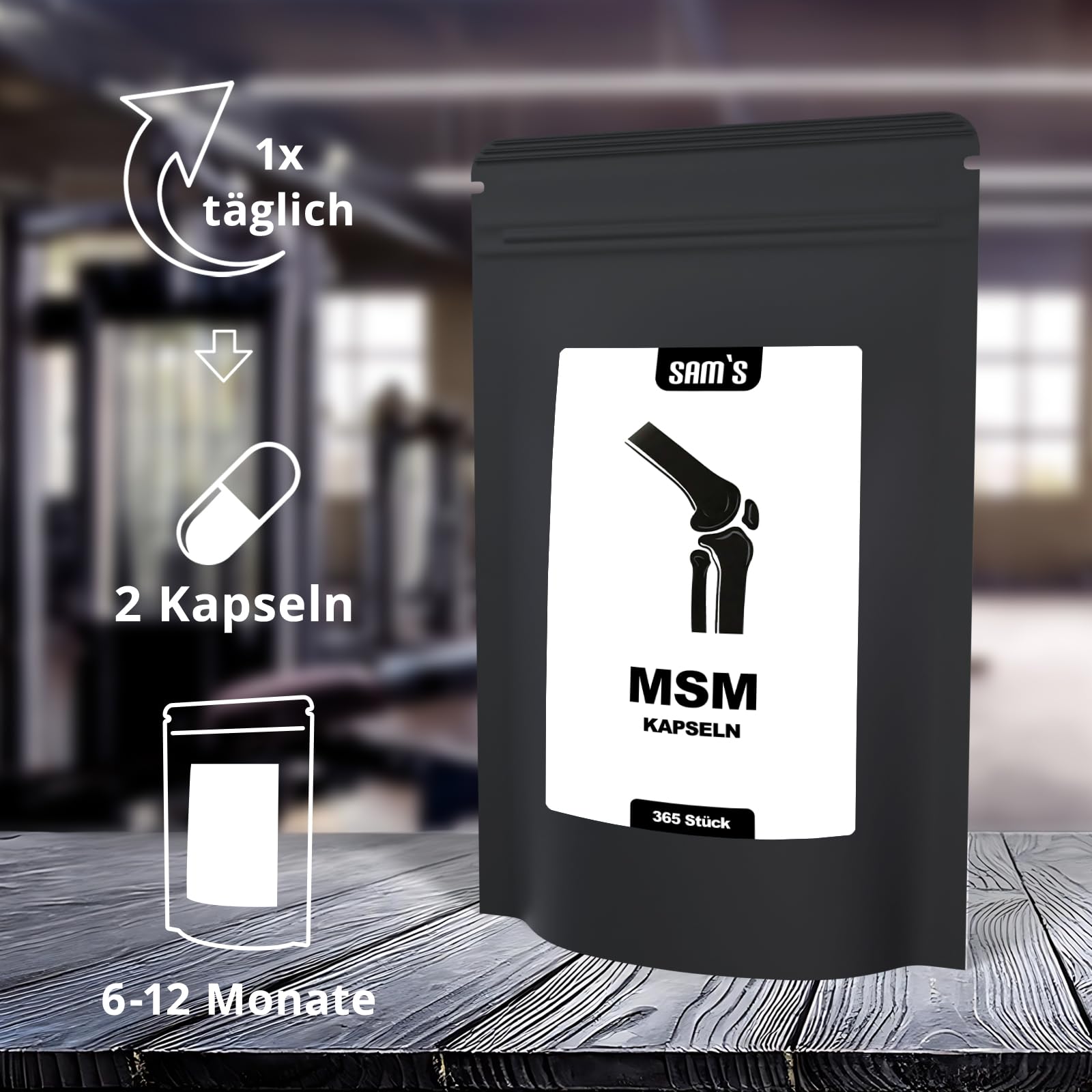 MSM Kapseln hochdosiert - 365 vegane Kapseln MSM mit 1600mg je Tagesdosis - 60-80 Mesh - hoch bioverfügbare organische Schwefel-Verbindung - von SAM'S