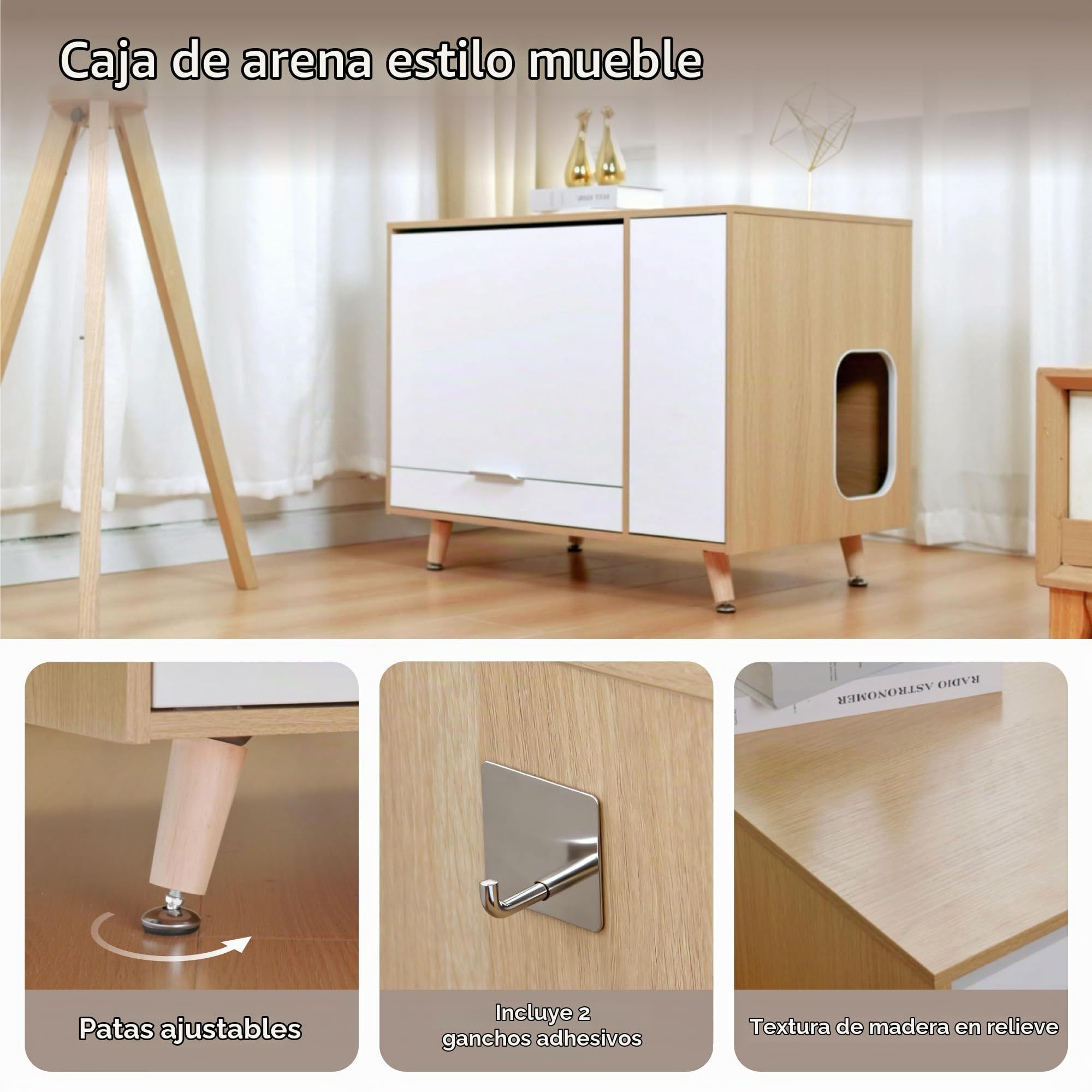 Mueble Arenero para Gatos, Mueble para Esconder la Arena con Puerta Abatible y Bandeja Extraíble, Casa para Gatos con Entrada Lateral y Almacenamiento, Tono Madera