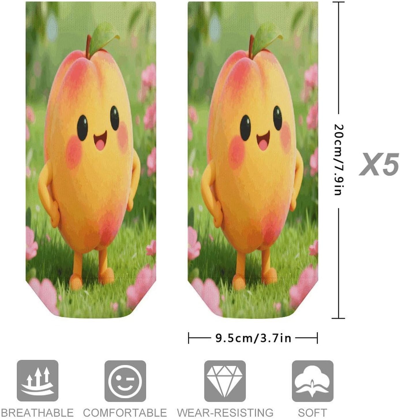 Yellow Peach Crew Sock for Men Women Funny Novelty Socks Athletic Ankle Socks Comfort Soft Low Cut Tab Sock 5 Pairs