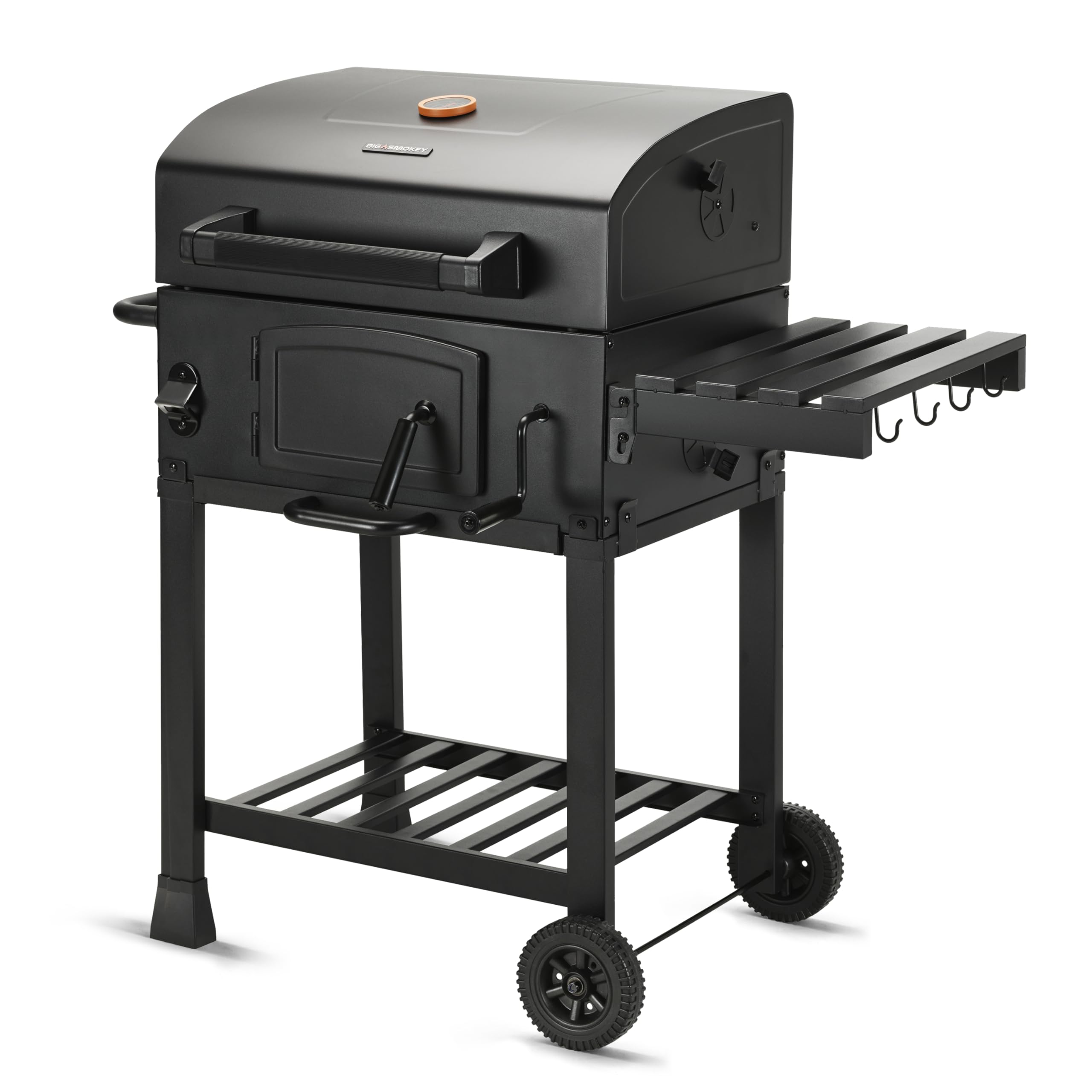 Big Smokey Black Label Charcoal BBQ | American Style Barrel Grill with Cast Iron Cooking Grates, Adjustable Charcoal Tray, Temperature Gauge, Side Table & Wheels | Outdoor Garden Barbecue