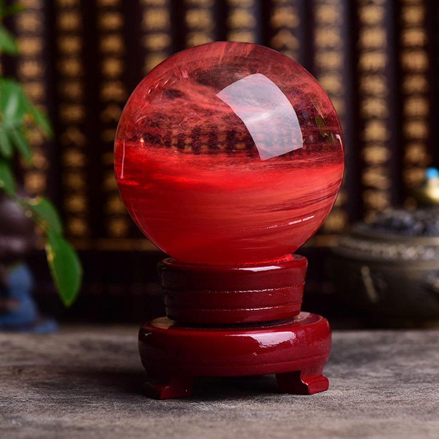 Red Crystal Ruby Ball Sphere Red Obsidian Ball with Stand Melting Quartz Crystal Gemstone for Feng Shui Home Decoration,Red-17cm