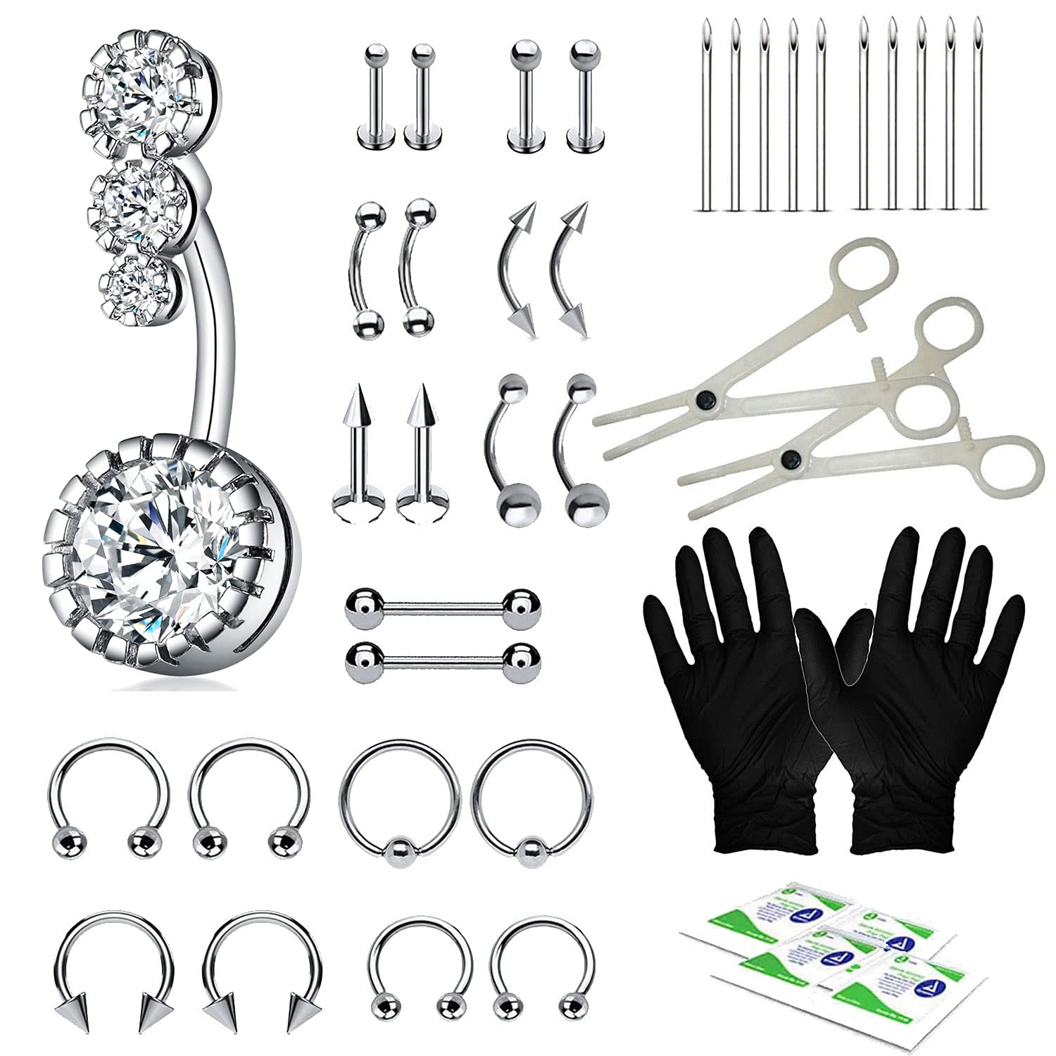 BodyJ4You36PC PRO Piercing Kit Stainless Steel 14G 16G Belly Ring Tongue Nipple Nose Jewelry