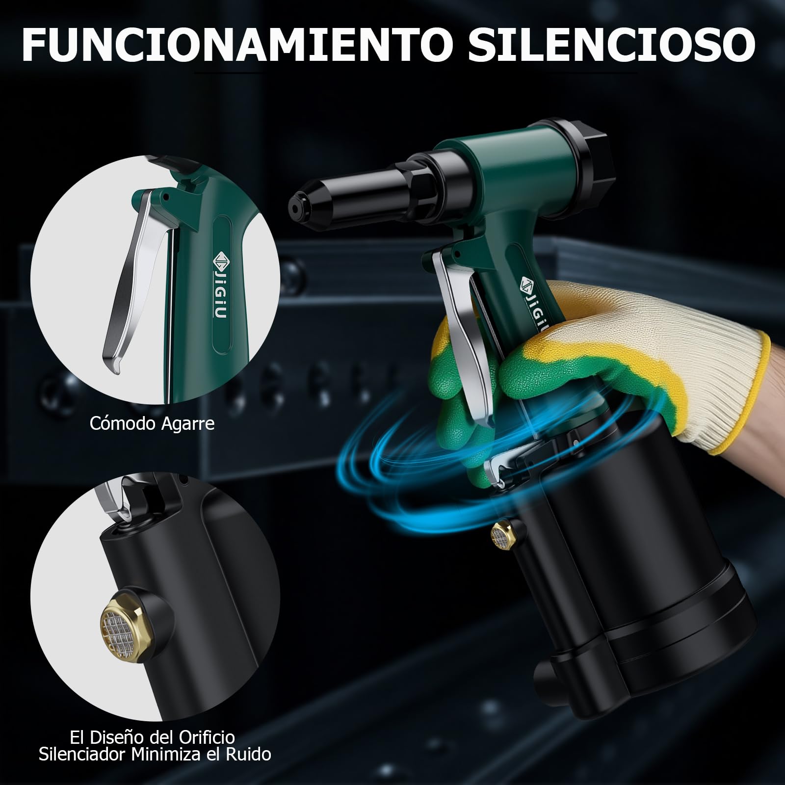 JiGiU Remachadora Neumática 1780KGF – 5 Boquillas (2,4 A 6,4 Mm) Para Acero, Aluminio, Automoción Y Construcción, Silenciador Incorporado