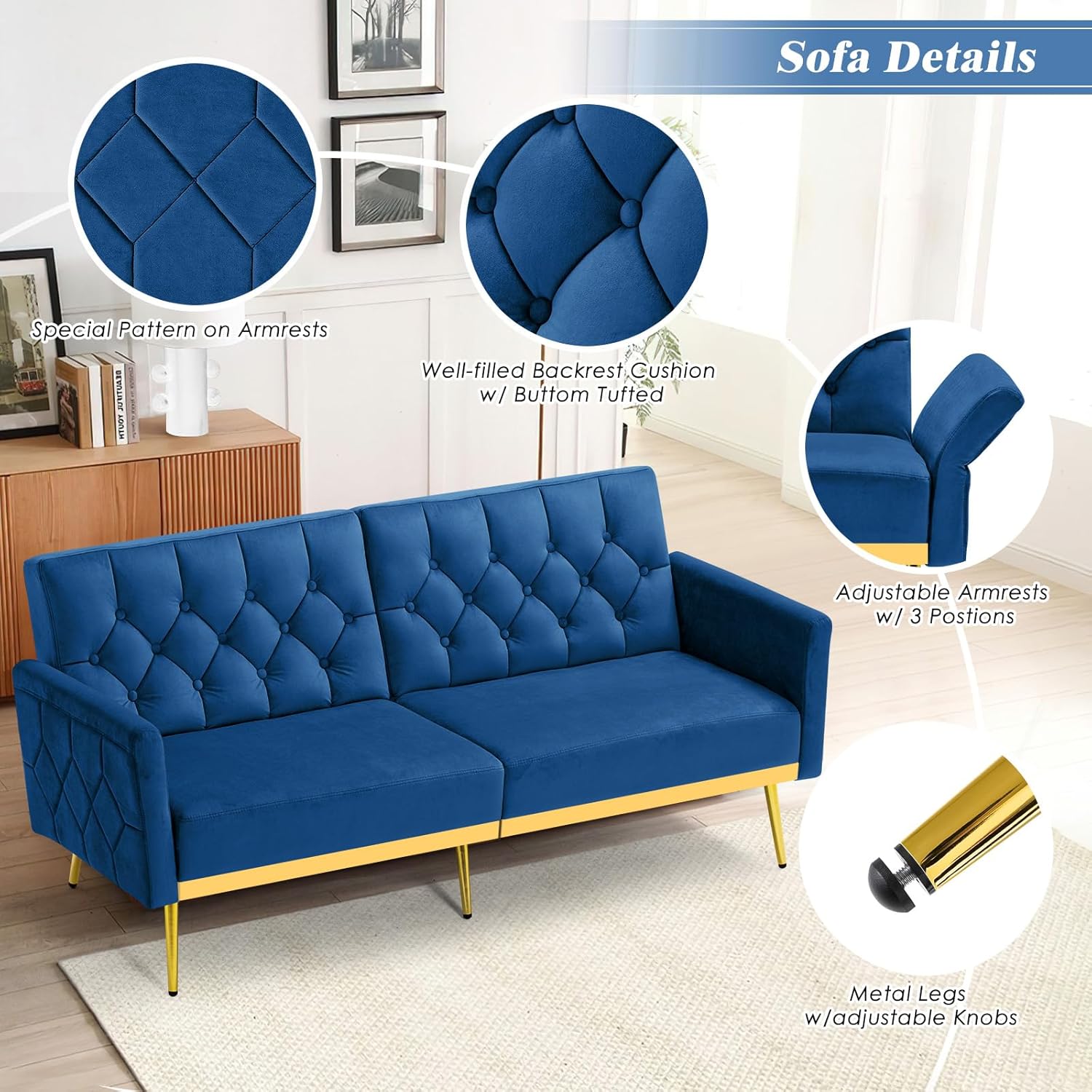 Velvet Futon Sofa Bed w/Adjustable Armrests & Backrests, Button Tufted Sleeper Couch, Modern Convertible Loveseat Sofa for Bedroom, Living Room, Apartment, Blue