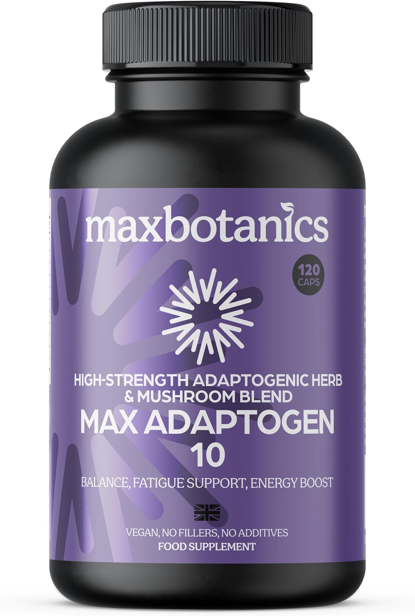 Max Adaptogen 10 Balance, Fatigue, Energy Boost & Stress Support 10-Herb Adaptogen High Strength Mushroom Blend with Ashwagandha, Rhodiola & Ginseng Natural Vegan UK Made (120 Capsules)
